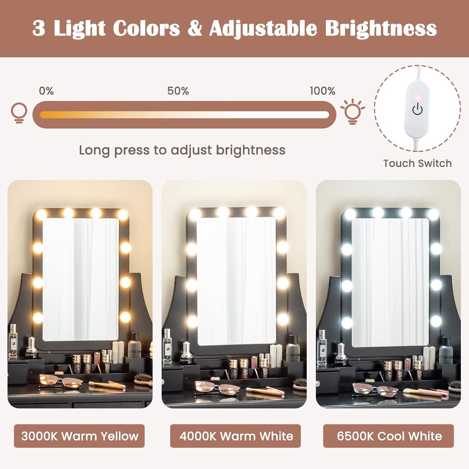 image:imageCHARMAID Vanity Desk with Mirror and Lights Makeup Vanity Table with 5 Storage Drawers 3 Color Lighting Modes Adjustable Brightness Modern Bedroom Dressing Table with Vanity Stool BlackBlack