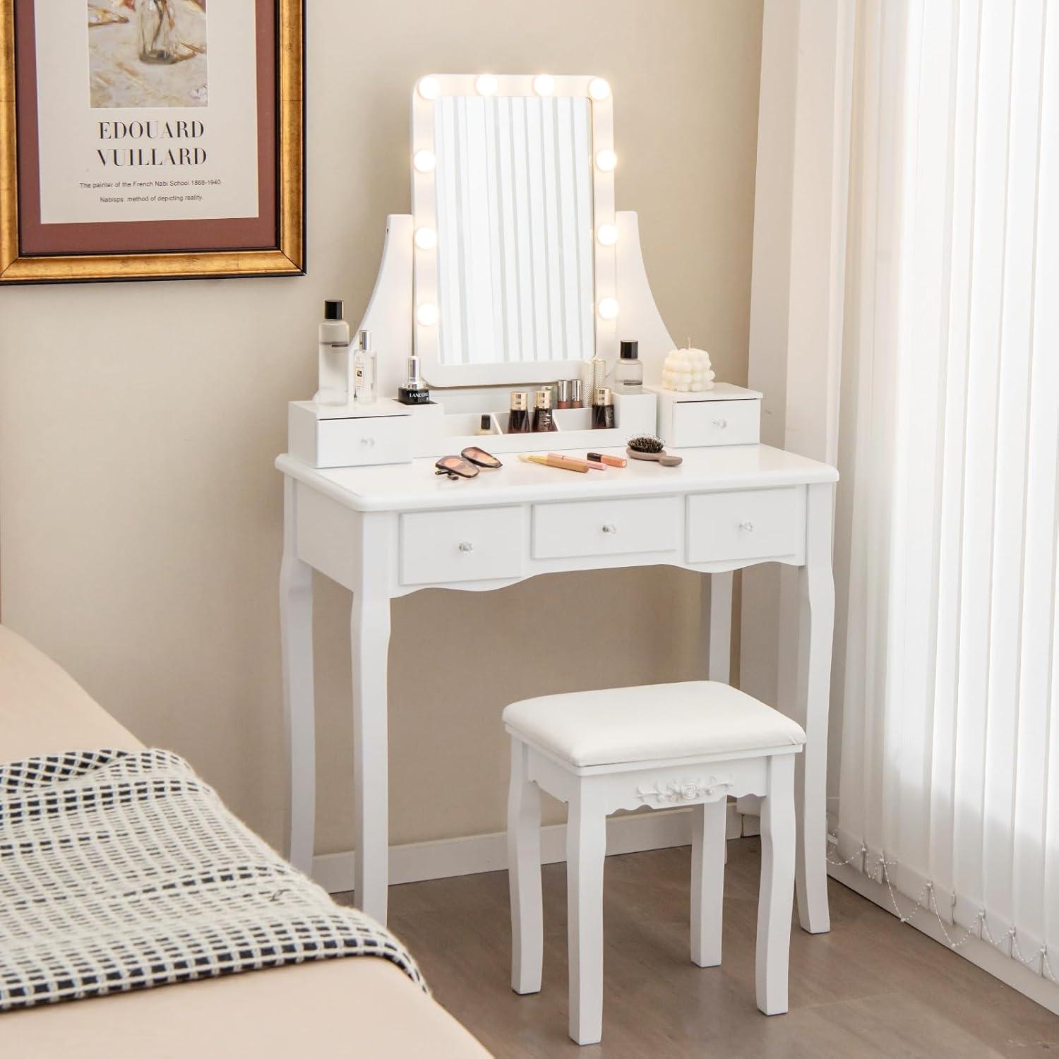 image:imageCHARMAID Vanity Desk with Mirror and Lights Makeup Vanity Table with 5 Storage Drawers 3 Color Lighting Modes Adjustable Brightness Modern Bedroom Dressing Table with Vanity Stool BlackWhite