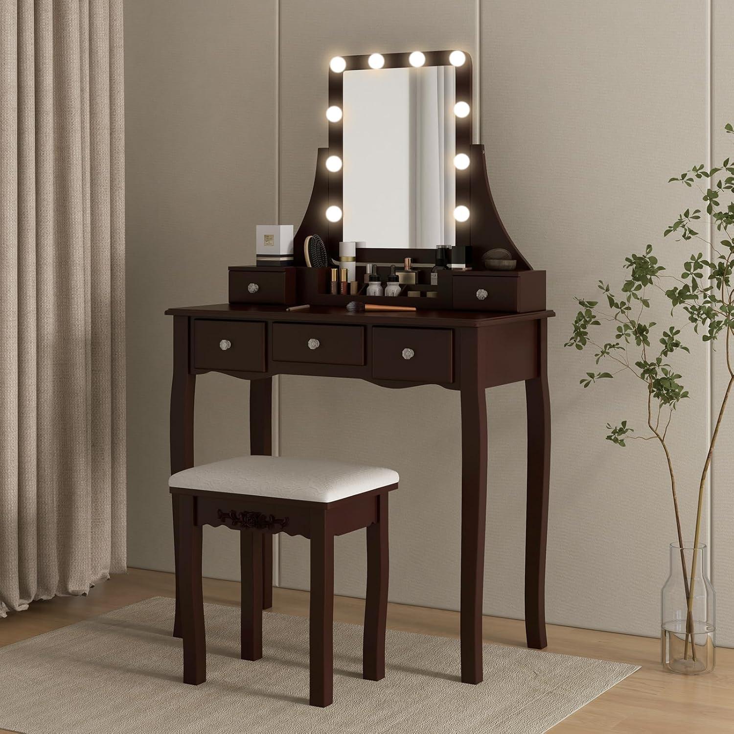 image:imageCHARMAID Vanity Desk with Mirror and Lights Makeup Vanity Table with 5 Storage Drawers 3 Color Lighting Modes Adjustable Brightness Modern Bedroom Dressing Table with Vanity Stool BlackEspresso