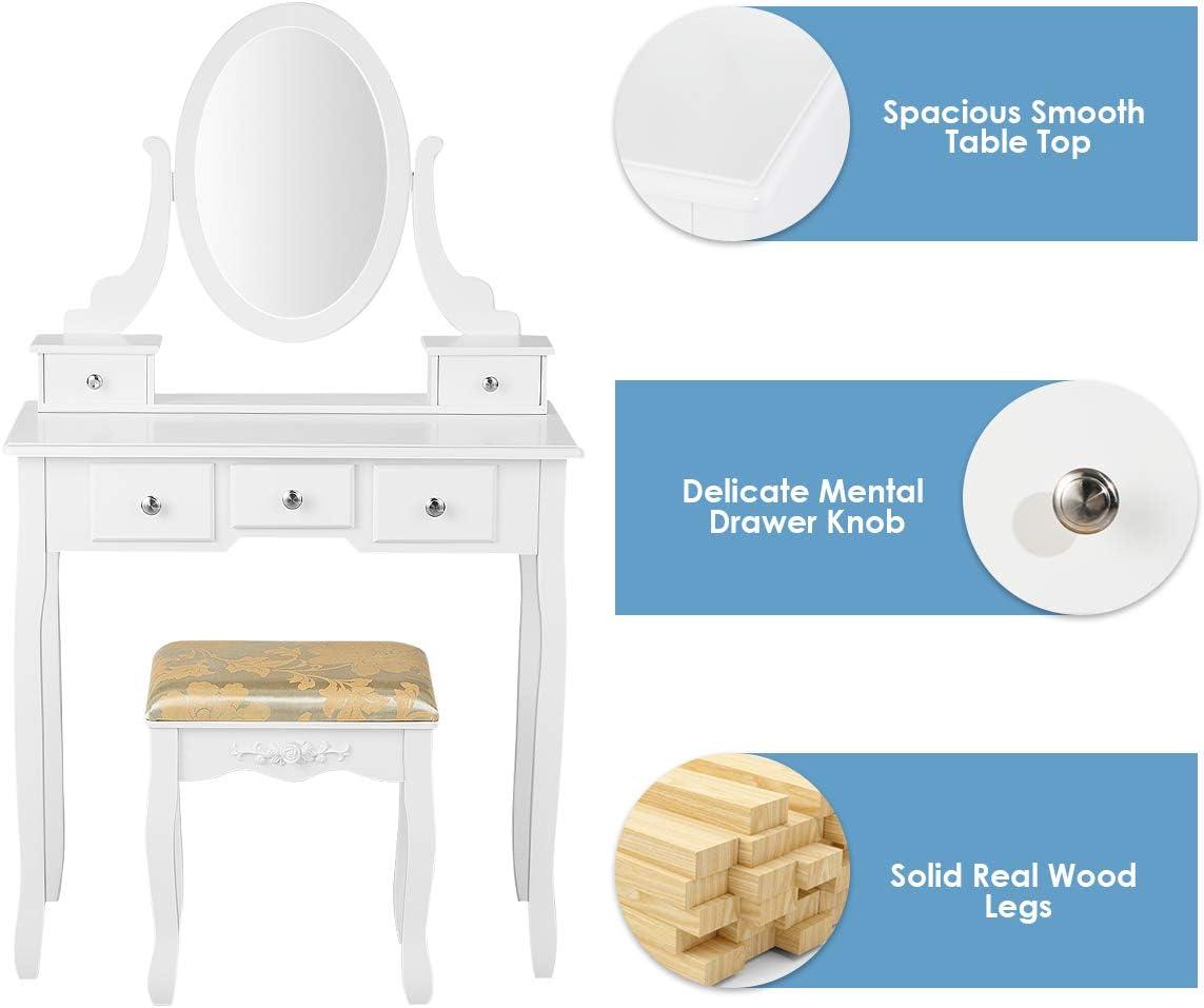 image:imageCHARMAID Vanity Desk with Mirror and Lights Makeup Vanity Table with 5 Storage Drawers 3 Color Lighting Modes Adjustable Brightness Modern Bedroom Dressing Table with Vanity Stool BlackWhite