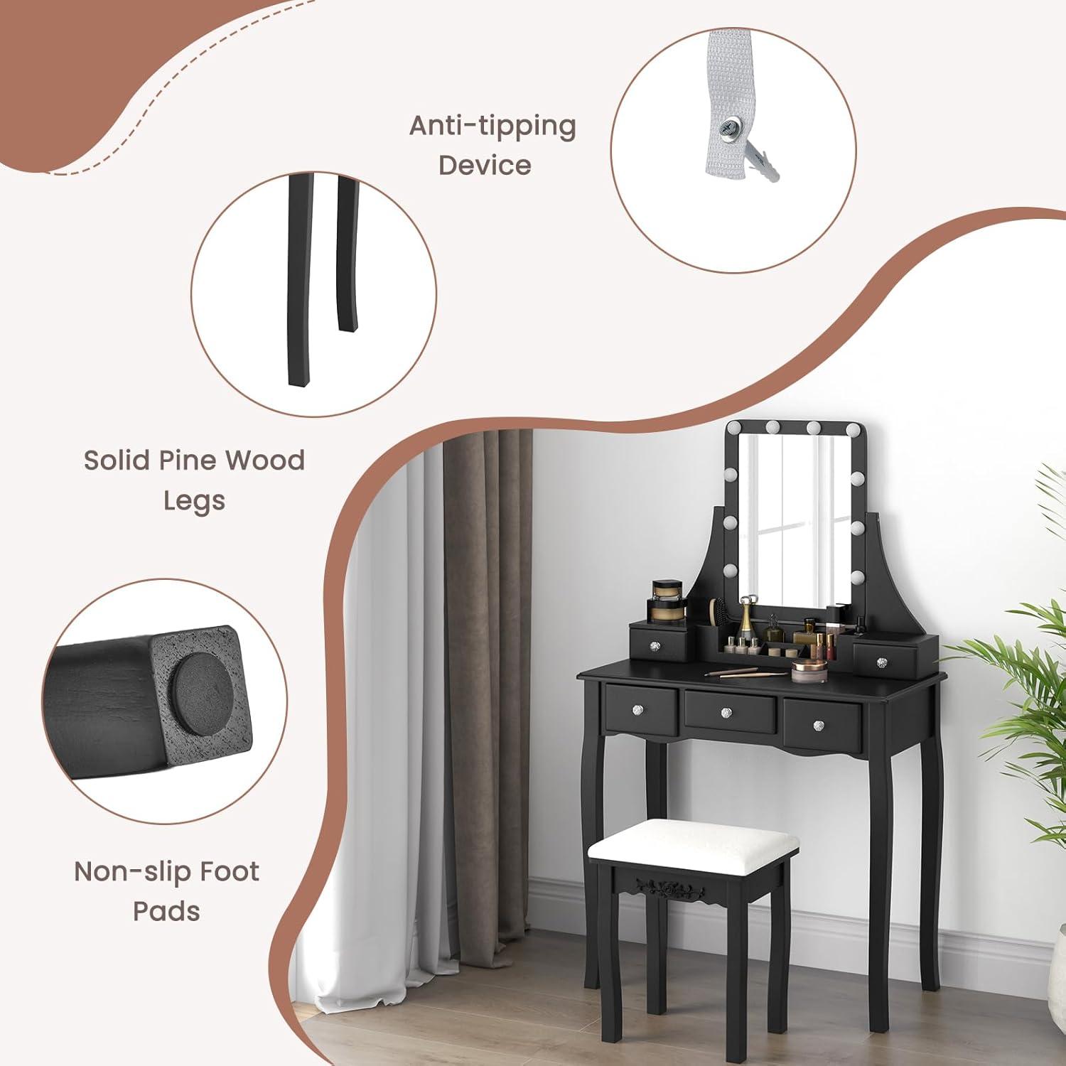 image:imageCHARMAID Vanity Desk with Mirror and Lights Makeup Vanity Table with 5 Storage Drawers 3 Color Lighting Modes Adjustable Brightness Modern Bedroom Dressing Table with Vanity Stool BlackBlack