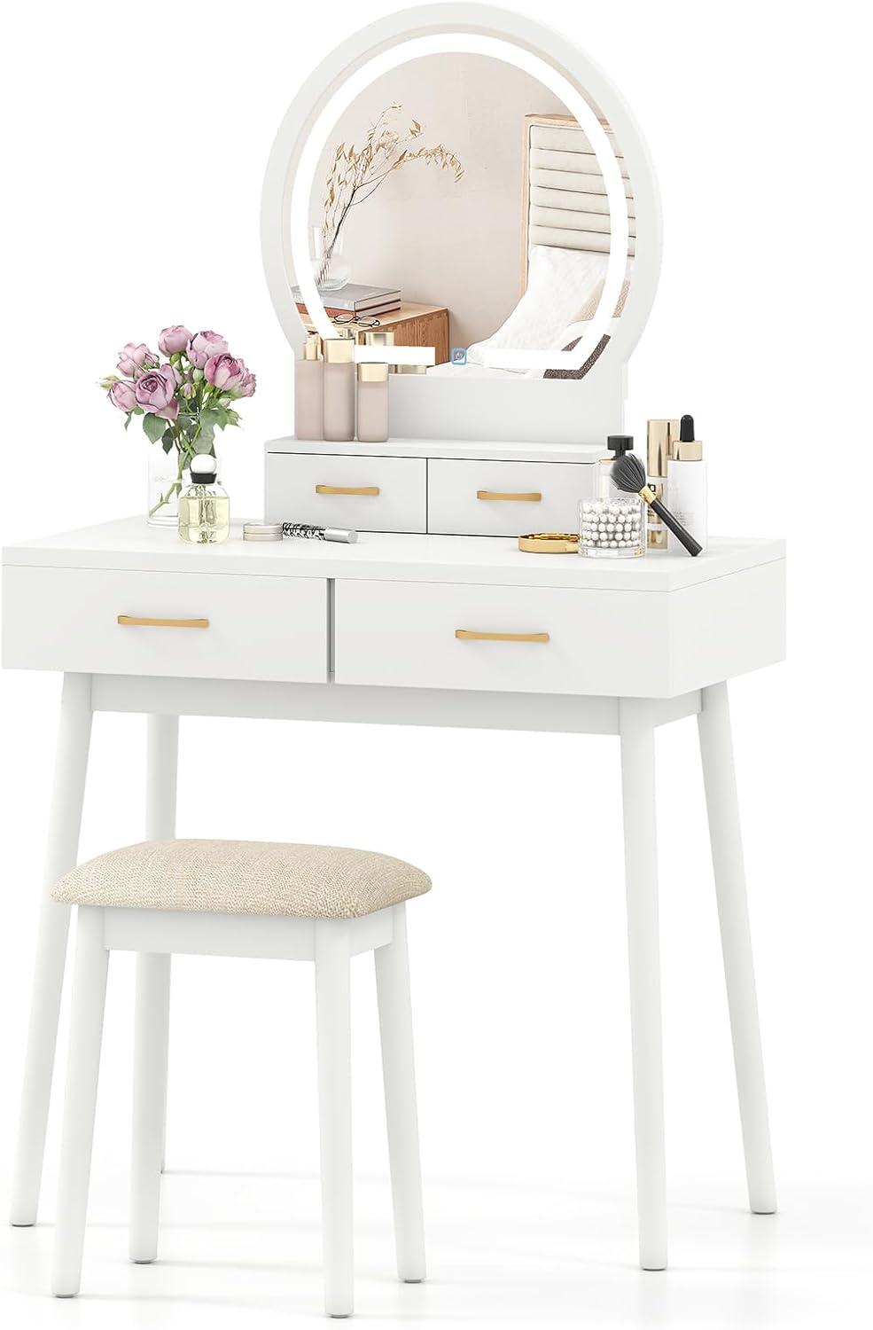 image:imageCHARMAID Vanity Desk with Mirror and Lights White Makeup Vanity Desk with 4 Drawers 3 Color Lighting Modes Adjustable Brightness Modern Dressing Table with Vanity Stool for Girls Small BedroomWhite