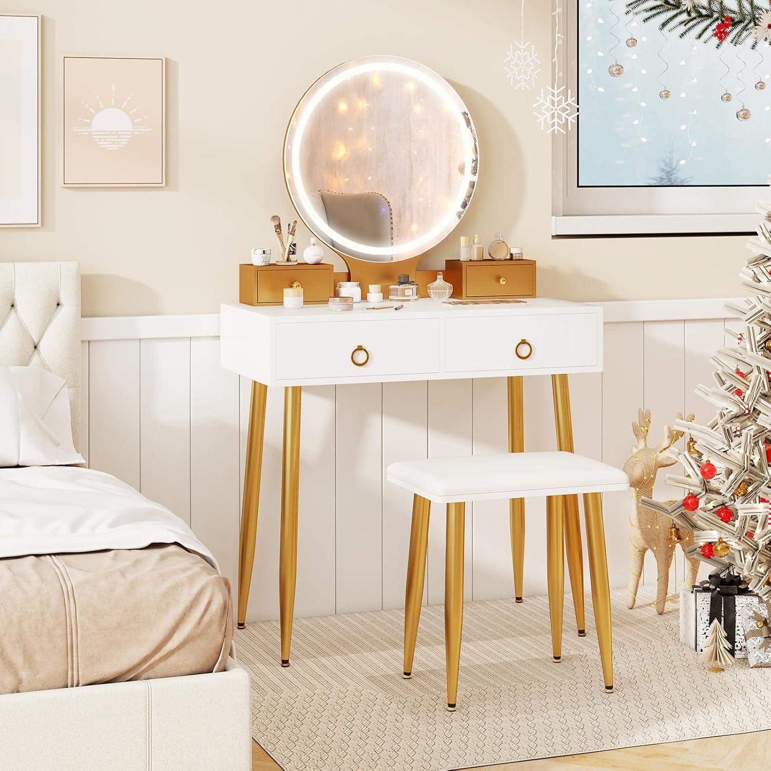 image:imageCHARMAID Vanity Desk with Mirror and Lights White Makeup Vanity Desk with 4 Drawers 3 Color Lighting Modes Adjustable Brightness Modern Dressing Table with Vanity Stool for Girls Small BedroomWhite Gold