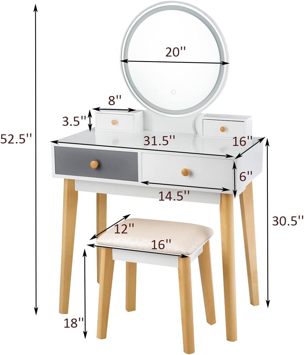 image:imageCHARMAID Vanity Desk with Mirror and Lights White Makeup Vanity Desk with 4 Drawers 3 Color Lighting Modes Adjustable Brightness Modern Dressing Table with Vanity Stool for Girls Small BedroomWhite Gray Warm Wood