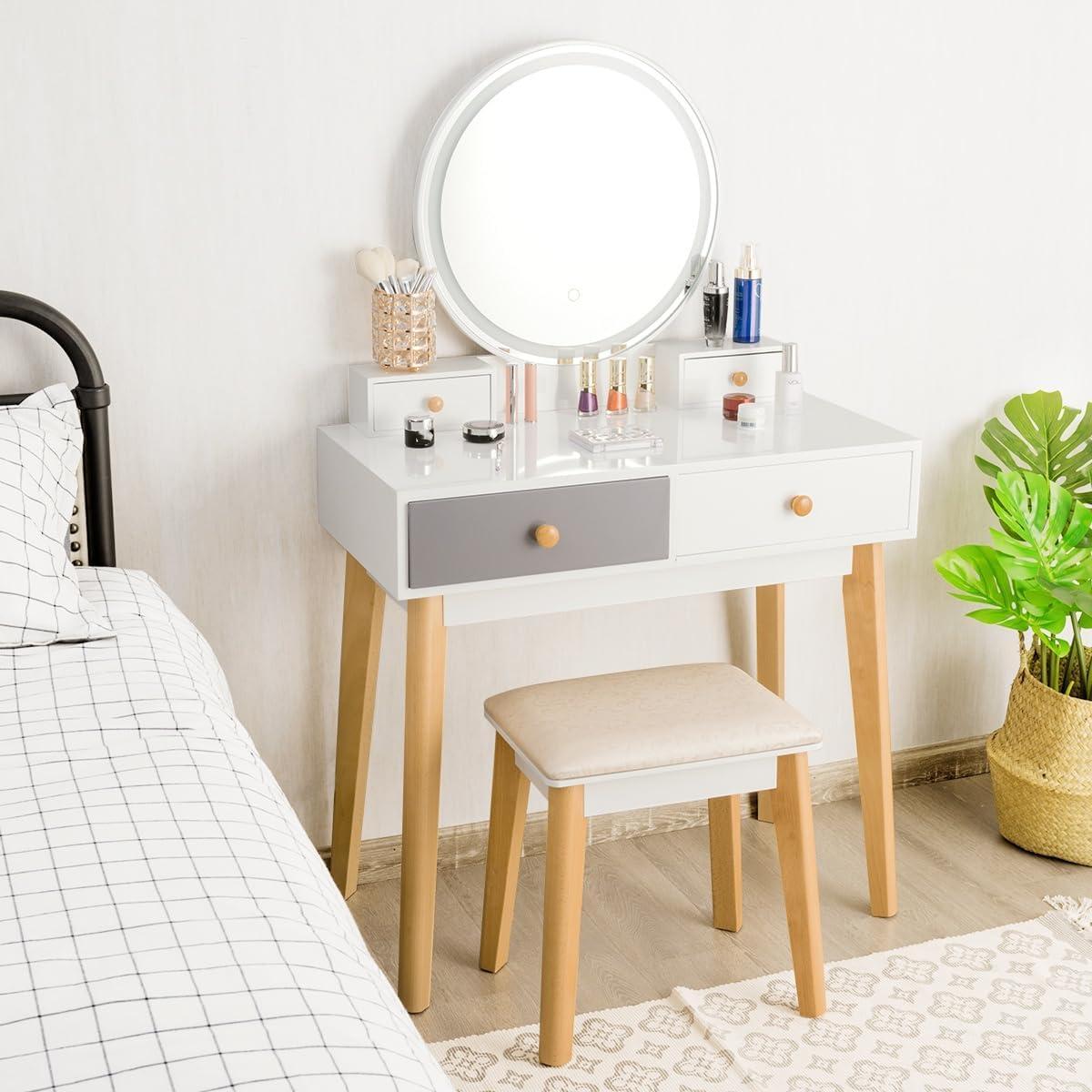 image:imageCHARMAID Vanity Desk with Mirror and Lights White Makeup Vanity Desk with 4 Drawers 3 Color Lighting Modes Adjustable Brightness Modern Dressing Table with Vanity Stool for Girls Small BedroomWhite Gray Warm Wood