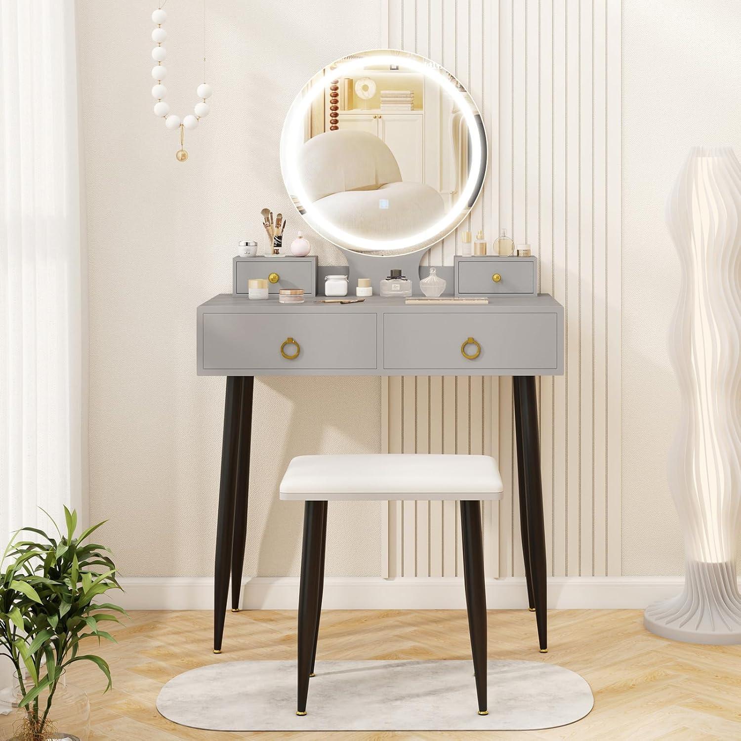 image:imageCHARMAID Vanity Desk with Mirror and Lights White Makeup Vanity Desk with 4 Drawers 3 Color Lighting Modes Adjustable Brightness Modern Dressing Table with Vanity Stool for Girls Small BedroomGray Black
