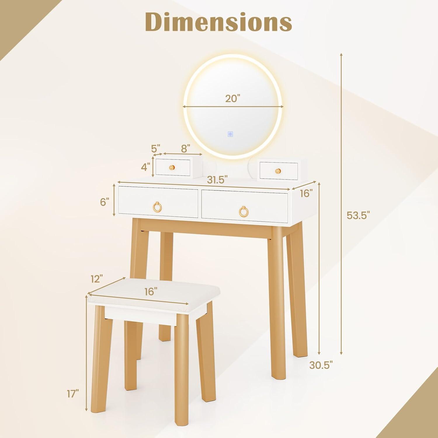 image:imageCHARMAID Vanity Desk with Mirror and Lights White Makeup Vanity Desk with 4 Drawers 3 Color Lighting Modes Adjustable Brightness Modern Dressing Table with Vanity Stool for Girls Small BedroomWhite Warm Wood