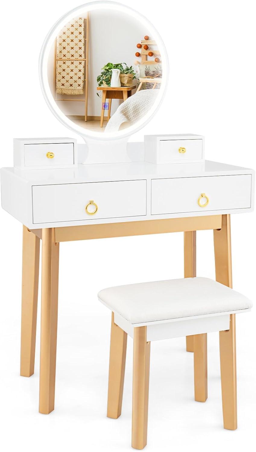 image:imageCHARMAID Vanity Desk with Mirror and Lights White Makeup Vanity Desk with 4 Drawers 3 Color Lighting Modes Adjustable Brightness Modern Dressing Table with Vanity Stool for Girls Small BedroomWhite Warm Wood