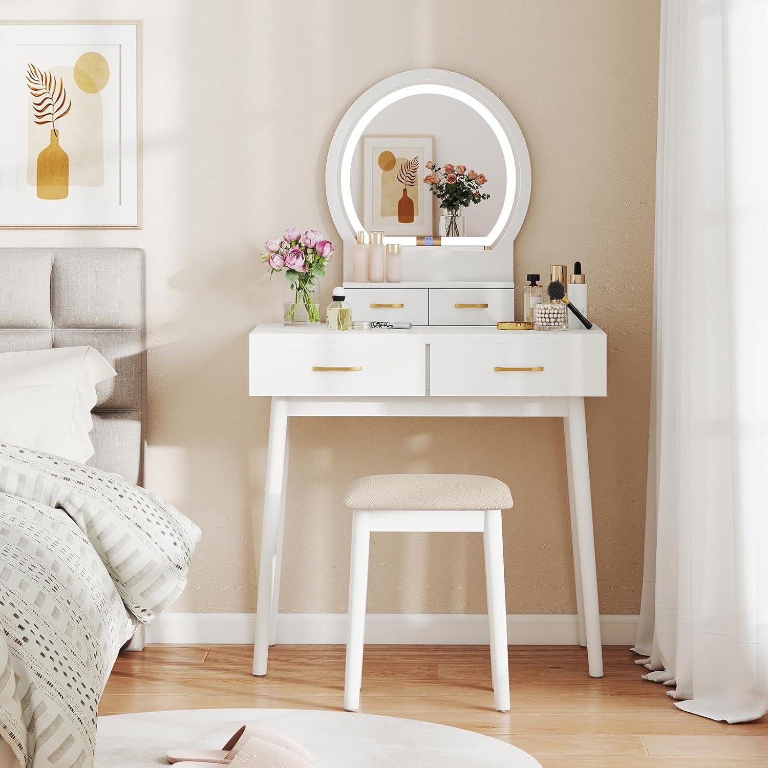 image:imageCHARMAID Vanity Desk with Mirror and Lights White Makeup Vanity Desk with 4 Drawers 3 Color Lighting Modes Adjustable Brightness Modern Dressing Table with Vanity Stool for Girls Small BedroomWhite