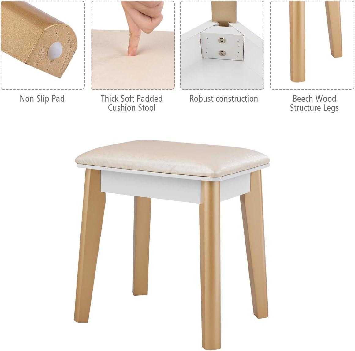 image:imageCHARMAID Vanity Desk with Mirror and Lights White Makeup Vanity Desk with 4 Drawers 3 Color Lighting Modes Adjustable Brightness Modern Dressing Table with Vanity Stool for Girls Small BedroomWhite Gray Warm Wood