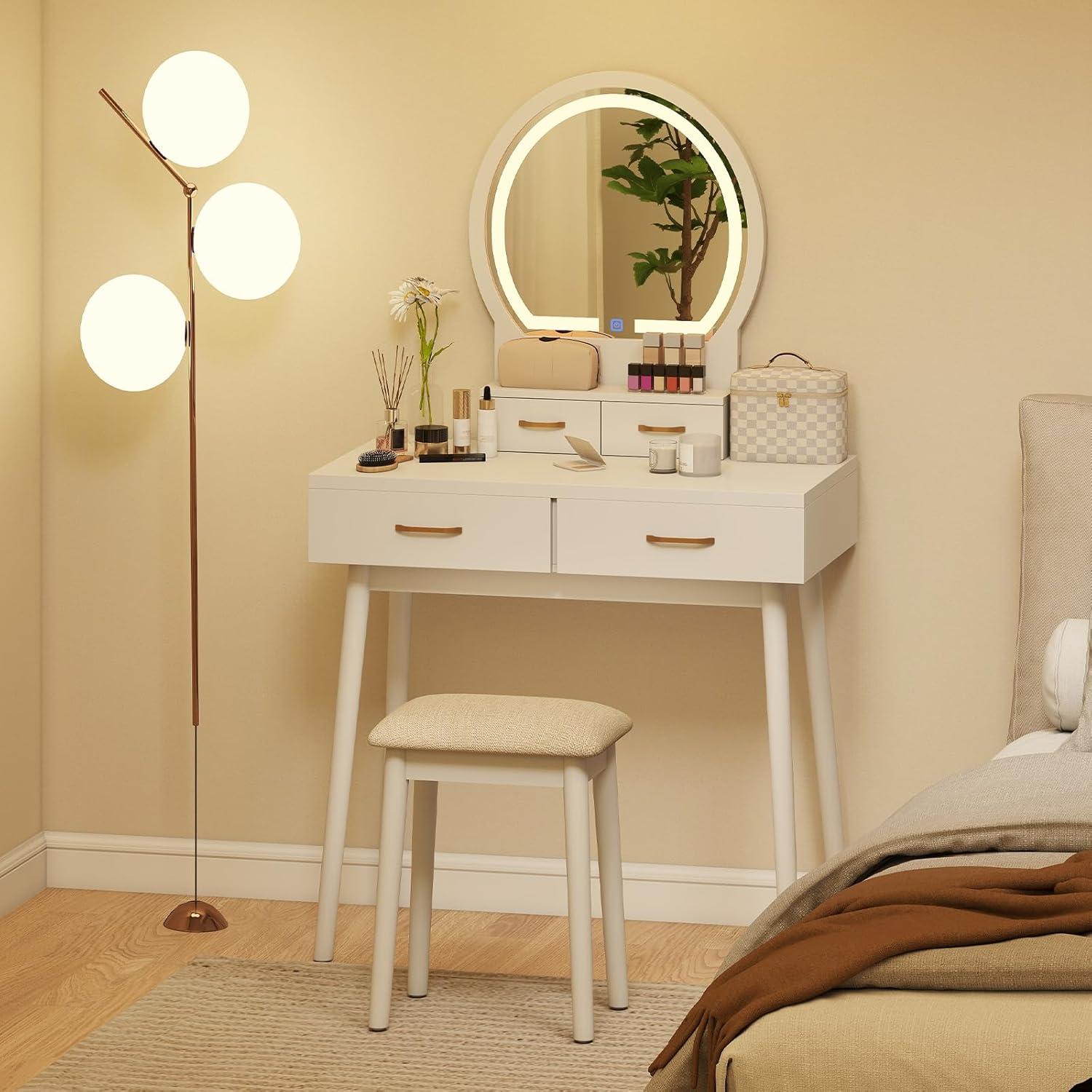 image:imageCHARMAID Vanity Desk with Mirror and Lights White Makeup Vanity Desk with 4 Drawers 3 Color Lighting Modes Adjustable Brightness Modern Dressing Table with Vanity Stool for Girls Small BedroomWhite