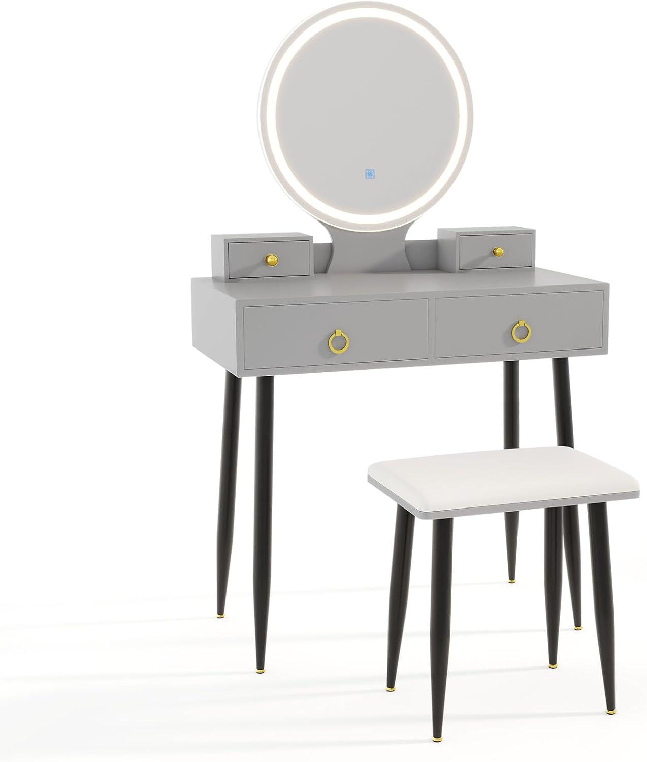 image:imageCHARMAID Vanity Desk with Mirror and Lights White Makeup Vanity Desk with 4 Drawers 3 Color Lighting Modes Adjustable Brightness Modern Dressing Table with Vanity Stool for Girls Small BedroomGray Black