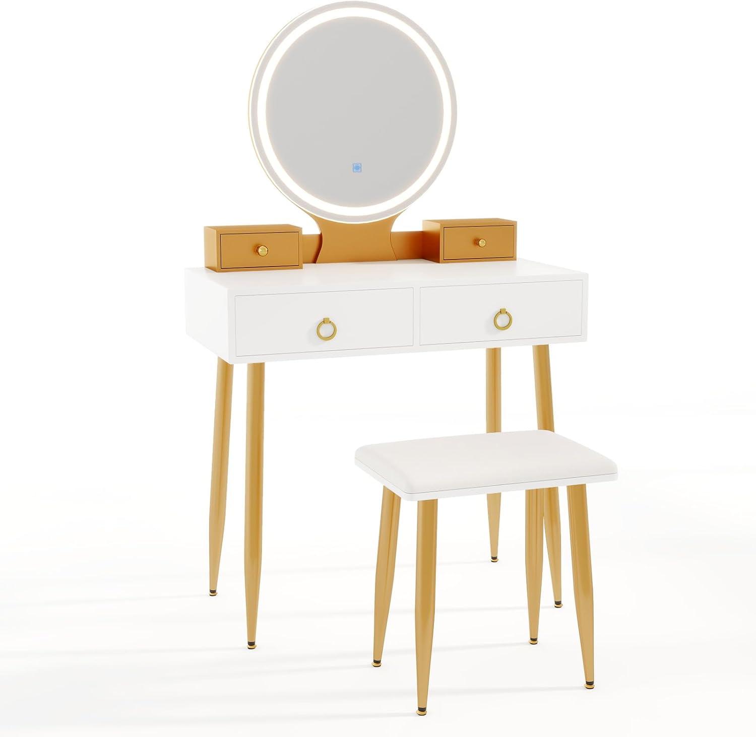 image:imageCHARMAID Vanity Desk with Mirror and Lights White Makeup Vanity Desk with 4 Drawers 3 Color Lighting Modes Adjustable Brightness Modern Dressing Table with Vanity Stool for Girls Small BedroomWhite Gold
