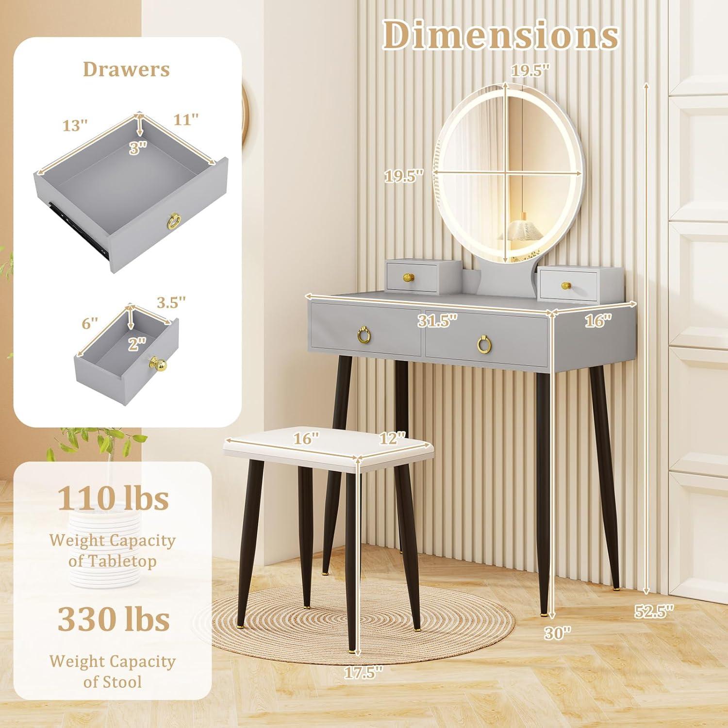 image:imageCHARMAID Vanity Desk with Mirror and Lights White Makeup Vanity Desk with 4 Drawers 3 Color Lighting Modes Adjustable Brightness Modern Dressing Table with Vanity Stool for Girls Small BedroomGray Black