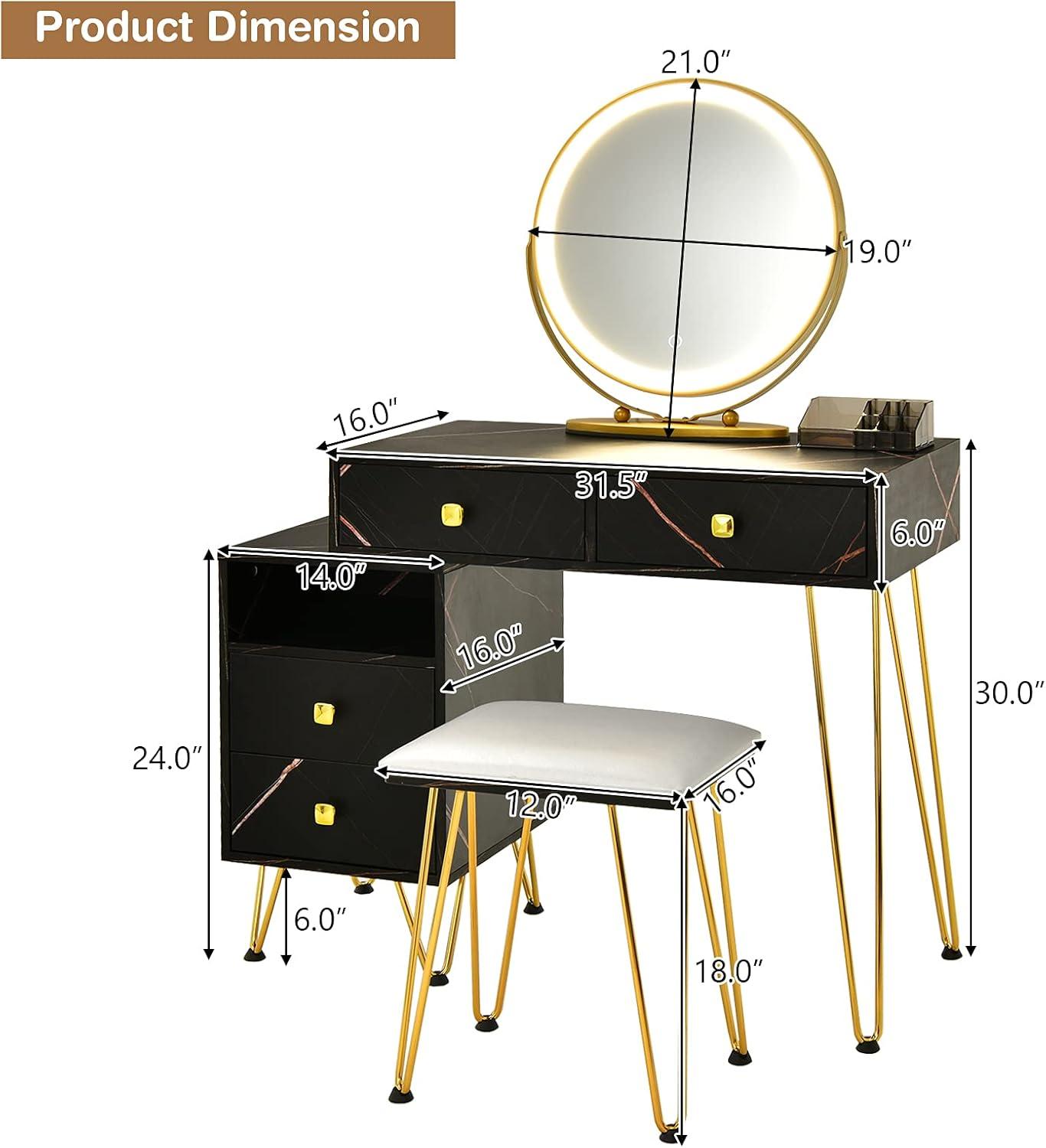 image:imageCHARMAID Vanity Desk with Reversible Side Cabinet Makeup Vanity Table with Lighted Mirror 3 Color Lights 4 Drawers Bedroom Dressing Table with Nightstand and Stool Rustic BrownMarble Black