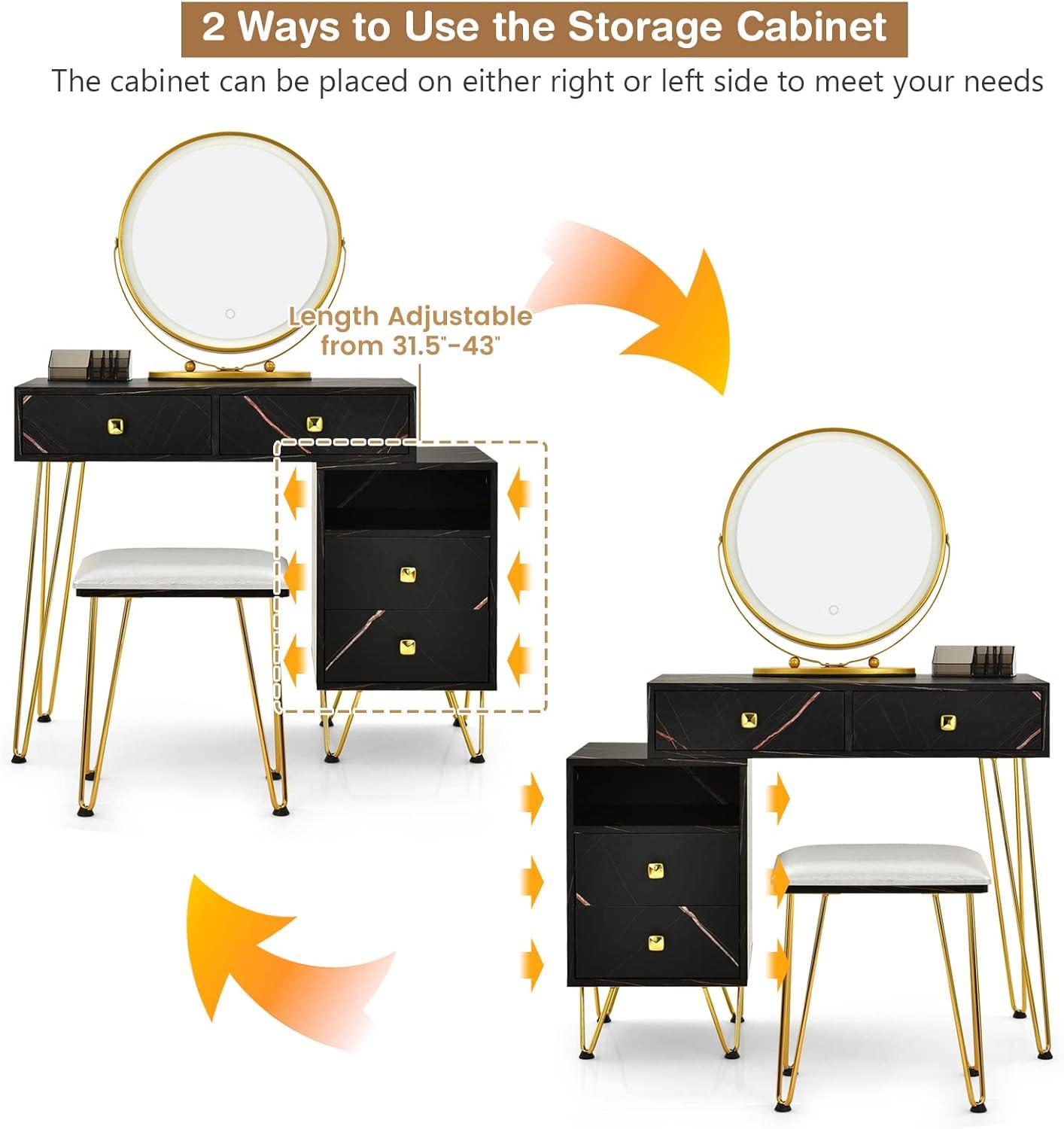 image:imageCHARMAID Vanity Desk with Reversible Side Cabinet Makeup Vanity Table with Lighted Mirror 3 Color Lights 4 Drawers Bedroom Dressing Table with Nightstand and Stool Rustic BrownMarble Black