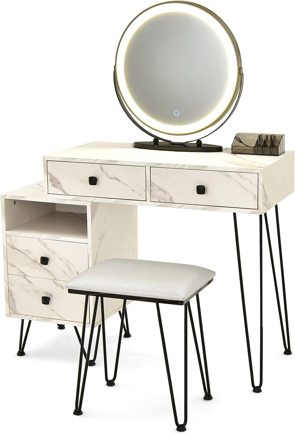 image:imageCHARMAID Vanity Desk with Reversible Side Cabinet Makeup Vanity Table with Lighted Mirror 3 Color Lights 4 Drawers Bedroom Dressing Table with Nightstand and Stool Rustic BrownWhite