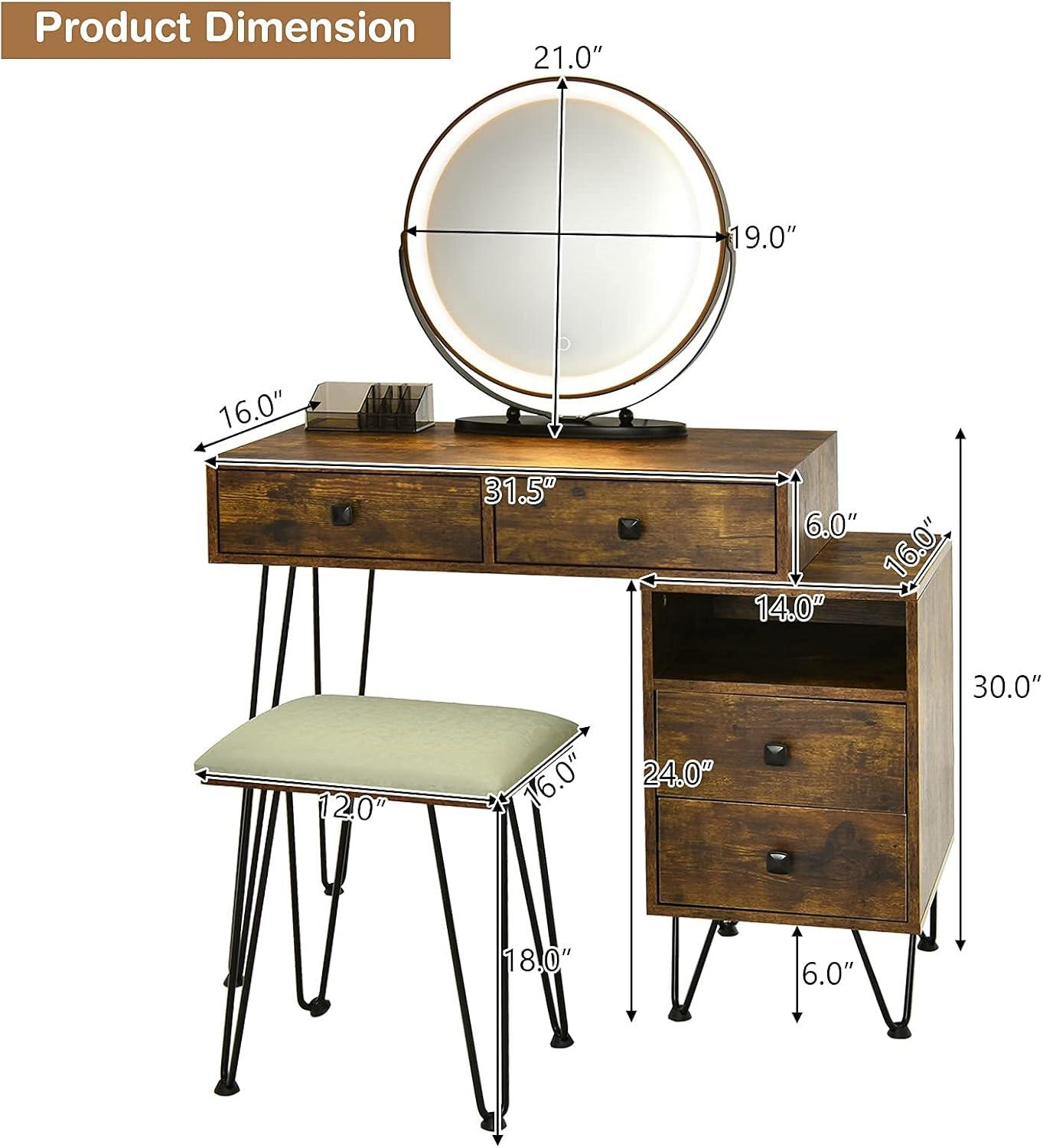 image:imageCHARMAID Vanity Desk with Reversible Side Cabinet Makeup Vanity Table with Lighted Mirror 3 Color Lights 4 Drawers Bedroom Dressing Table with Nightstand and Stool Rustic BrownRustic Brown
