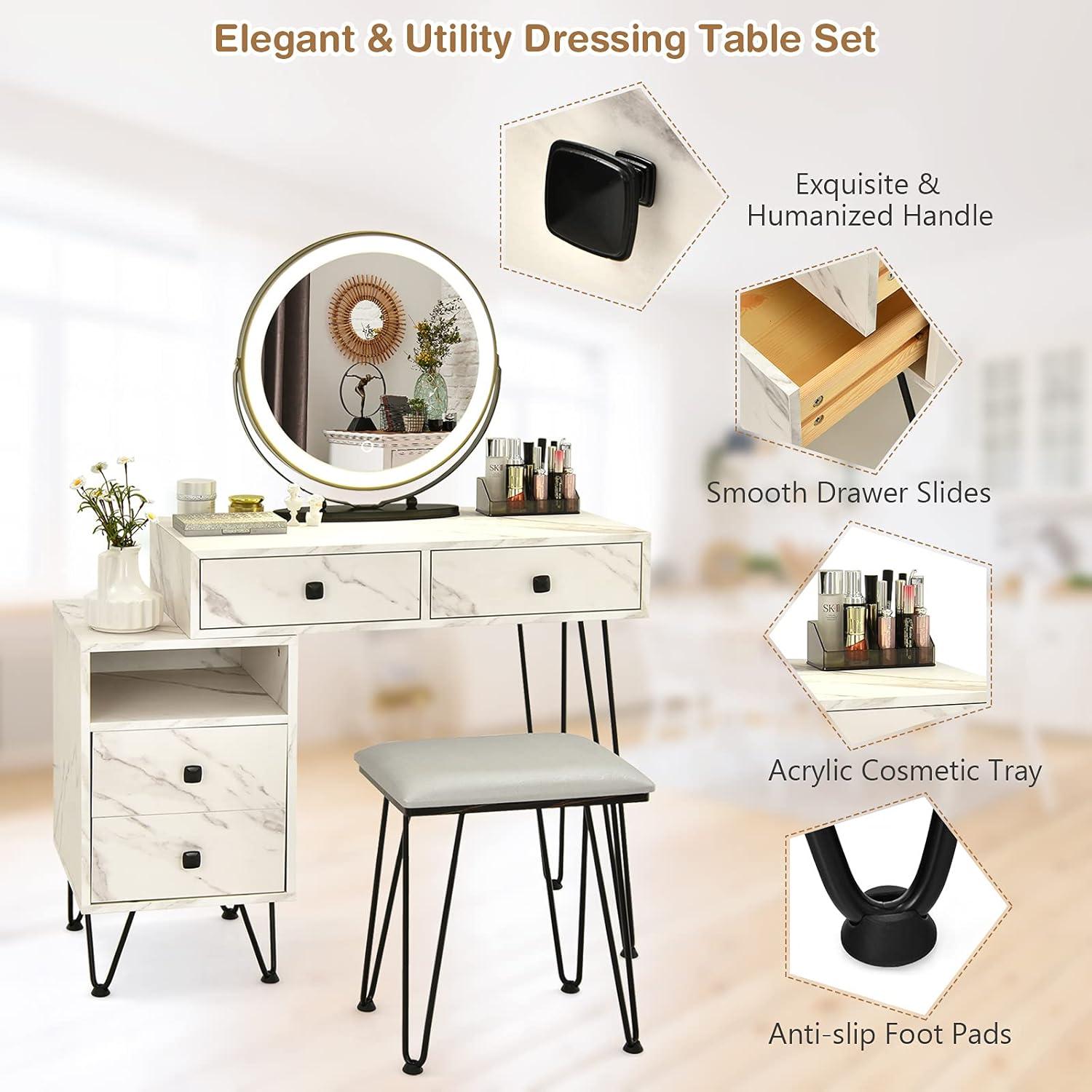 image:imageCHARMAID Vanity Desk with Reversible Side Cabinet Makeup Vanity Table with Lighted Mirror 3 Color Lights 4 Drawers Bedroom Dressing Table with Nightstand and Stool Rustic BrownWhite