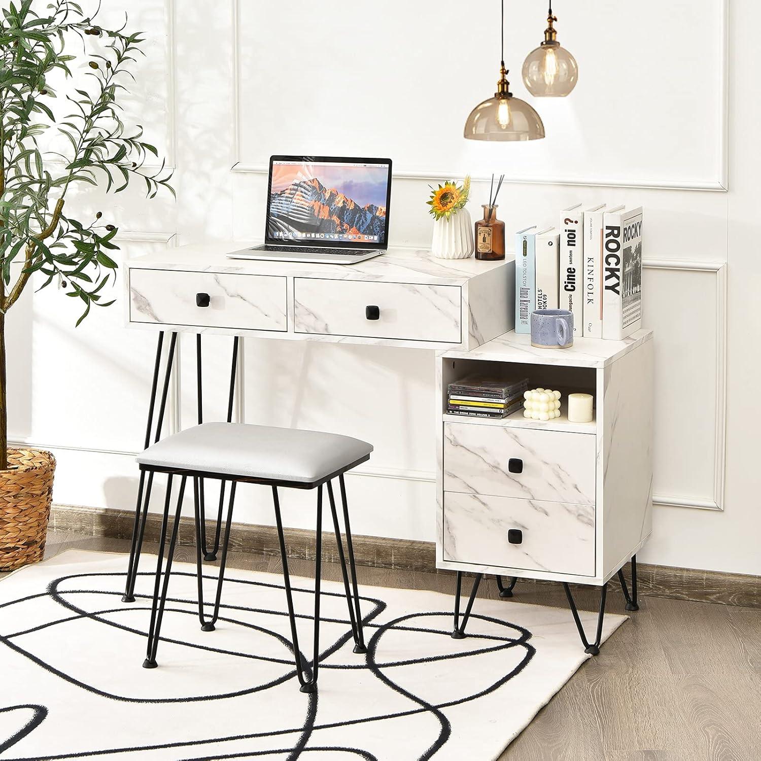 image:imageCHARMAID Vanity Desk with Reversible Side Cabinet Makeup Vanity Table with Lighted Mirror 3 Color Lights 4 Drawers Bedroom Dressing Table with Nightstand and Stool Rustic BrownWhite