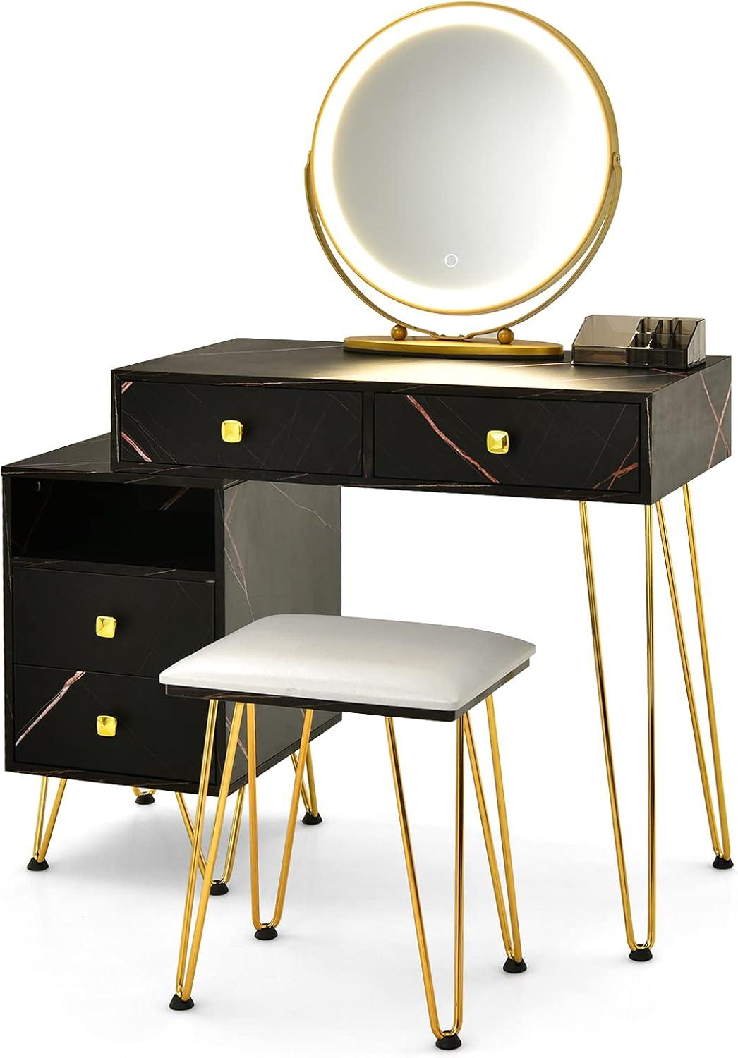 image:imageCHARMAID Vanity Desk with Reversible Side Cabinet Makeup Vanity Table with Lighted Mirror 3 Color Lights 4 Drawers Bedroom Dressing Table with Nightstand and Stool Rustic BrownMarble Black