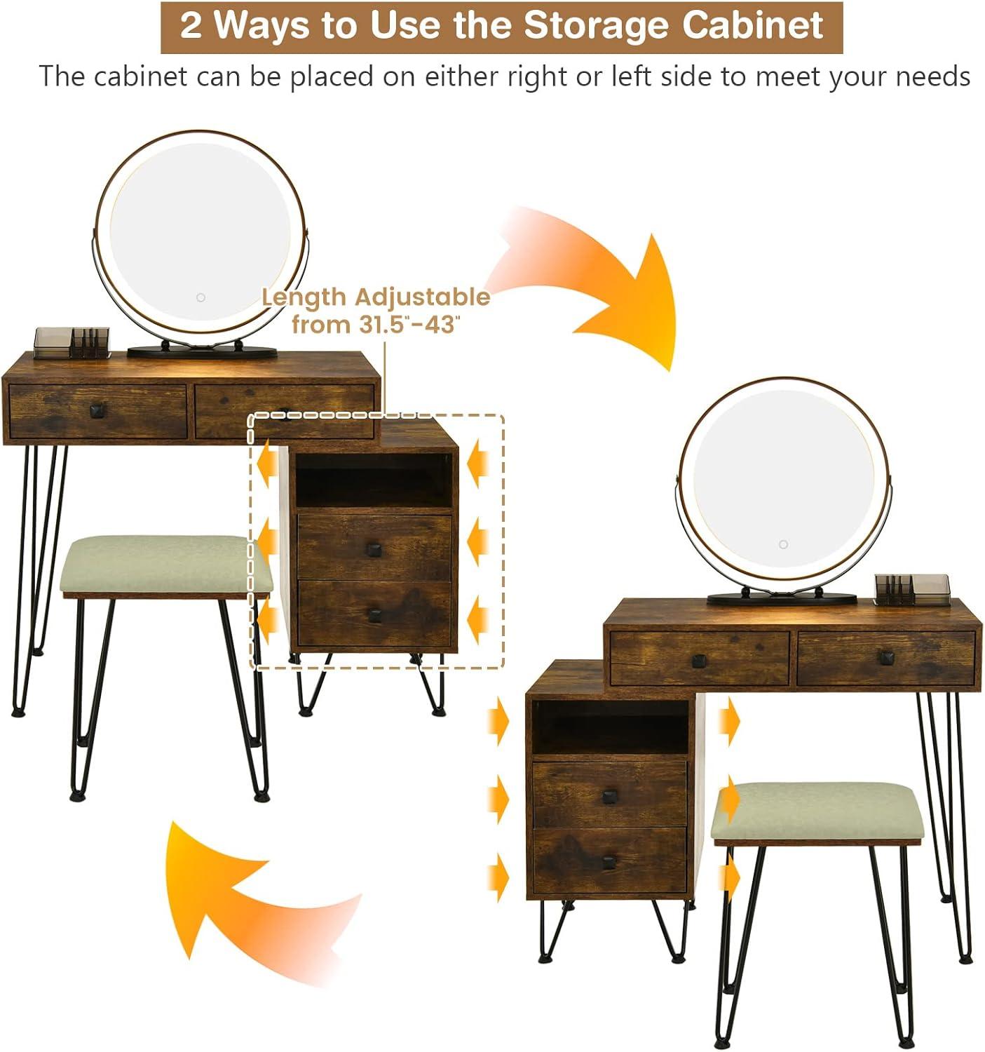 image:imageCHARMAID Vanity Desk with Reversible Side Cabinet Makeup Vanity Table with Lighted Mirror 3 Color Lights 4 Drawers Bedroom Dressing Table with Nightstand and Stool Rustic BrownRustic Brown