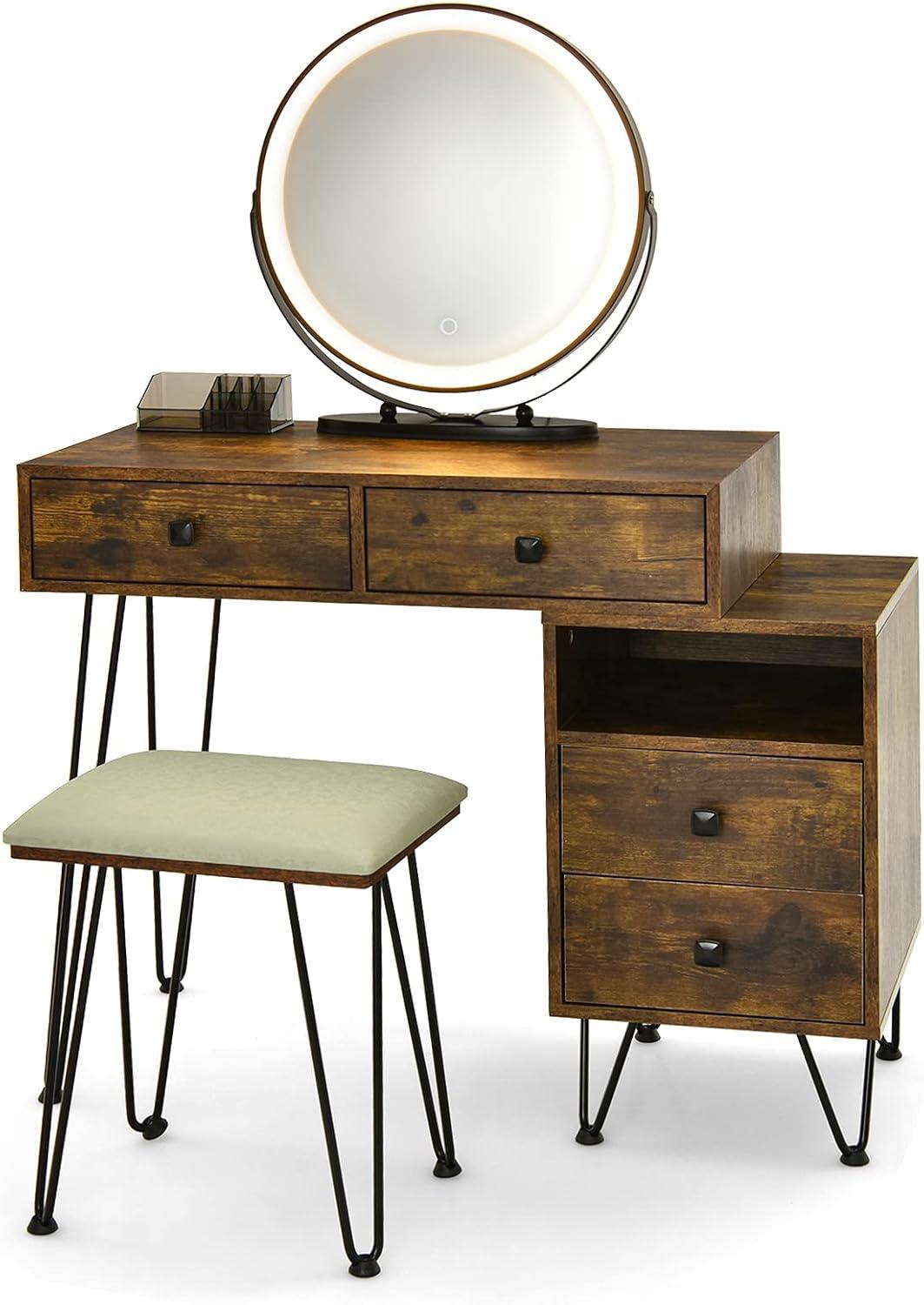 image:imageCHARMAID Vanity Desk with Reversible Side Cabinet Makeup Vanity Table with Lighted Mirror 3 Color Lights 4 Drawers Bedroom Dressing Table with Nightstand and Stool Rustic BrownRustic Brown