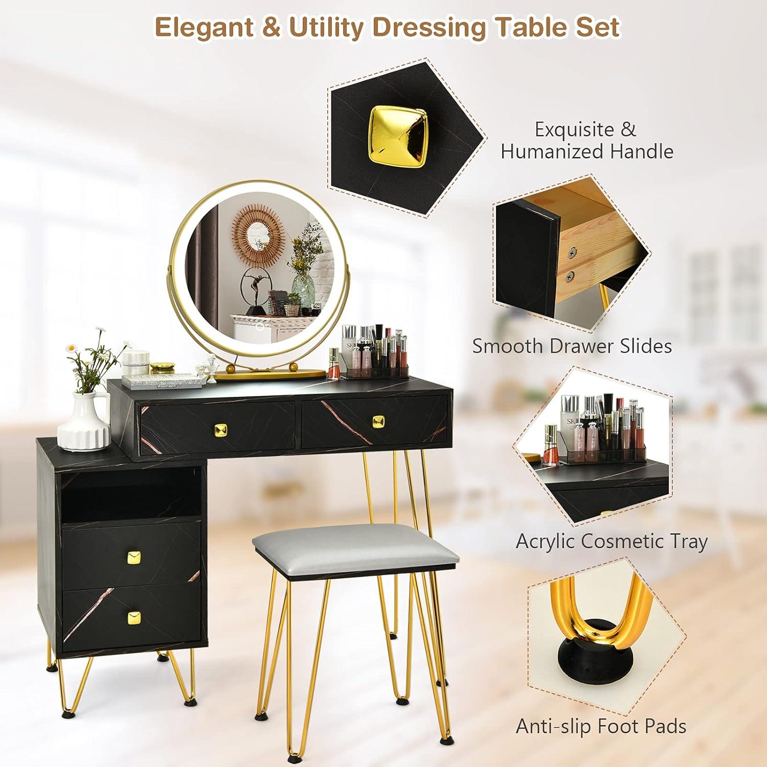 image:imageCHARMAID Vanity Desk with Reversible Side Cabinet Makeup Vanity Table with Lighted Mirror 3 Color Lights 4 Drawers Bedroom Dressing Table with Nightstand and Stool Rustic BrownMarble Black