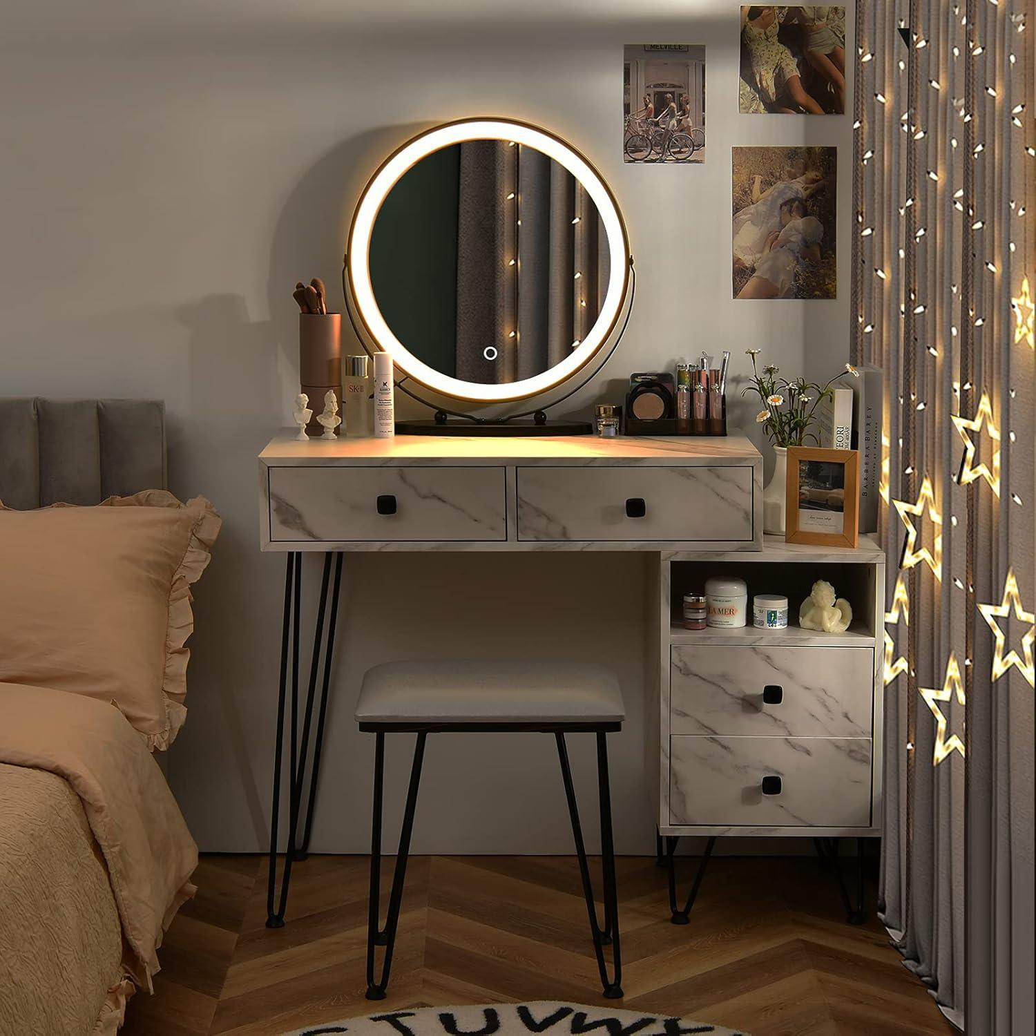 image:imageCHARMAID Vanity Desk with Reversible Side Cabinet Makeup Vanity Table with Lighted Mirror 3 Color Lights 4 Drawers Bedroom Dressing Table with Nightstand and Stool Rustic BrownWhite