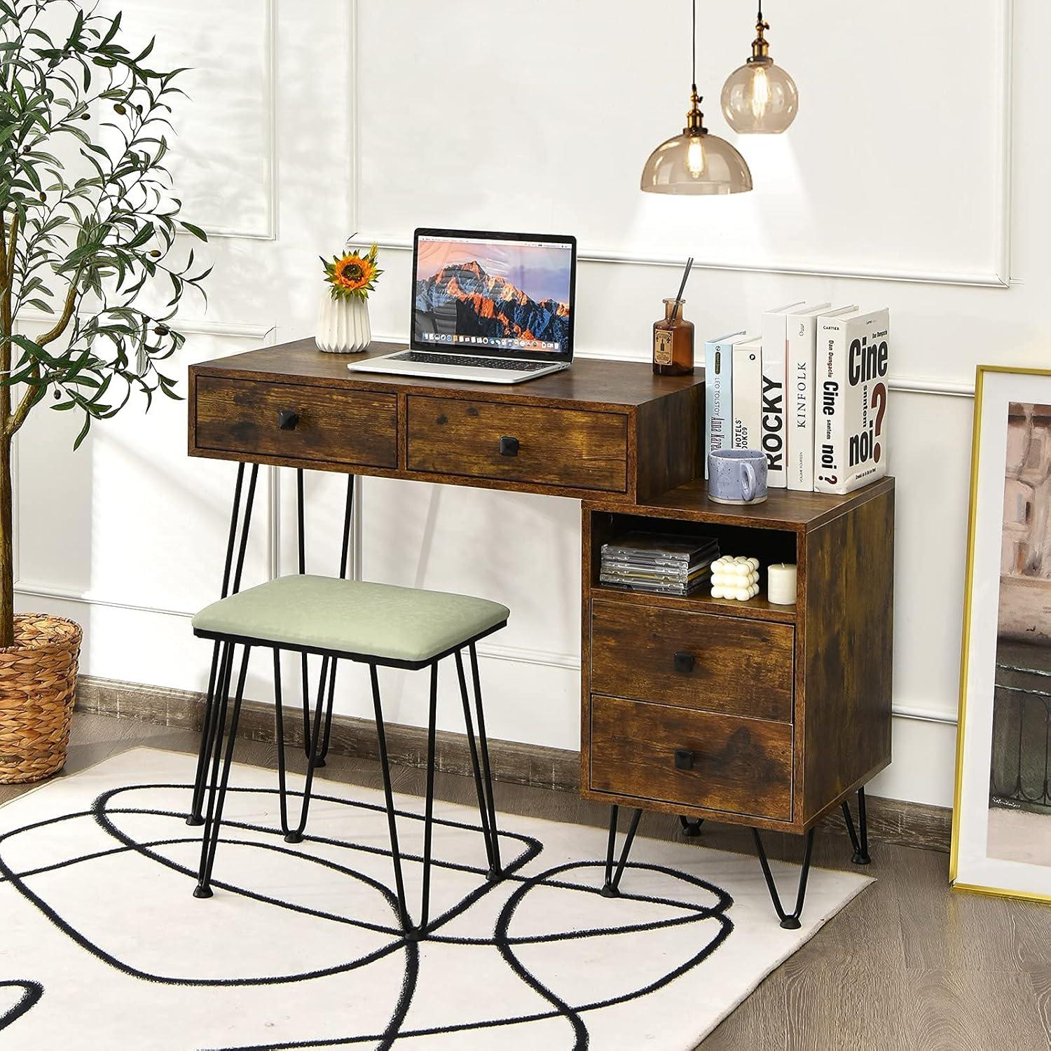image:imageCHARMAID Vanity Desk with Reversible Side Cabinet Makeup Vanity Table with Lighted Mirror 3 Color Lights 4 Drawers Bedroom Dressing Table with Nightstand and Stool Rustic BrownRustic Brown