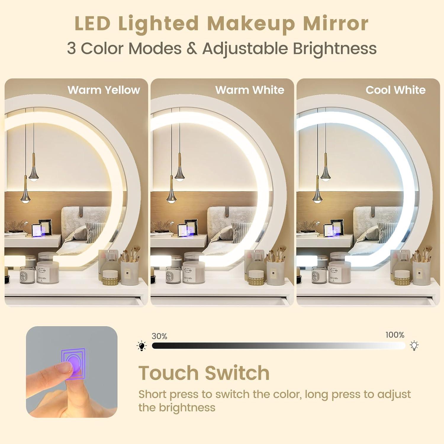 image:imageCHARMAID Vanity Mirror with Storage White Table Top Vanity Mirror with Lights 3 Color Adjustable Lighting Desktop Makeup Mirror with 2 Drawers 20 Tabletop Vanity for Dresser Top Small Bedroom