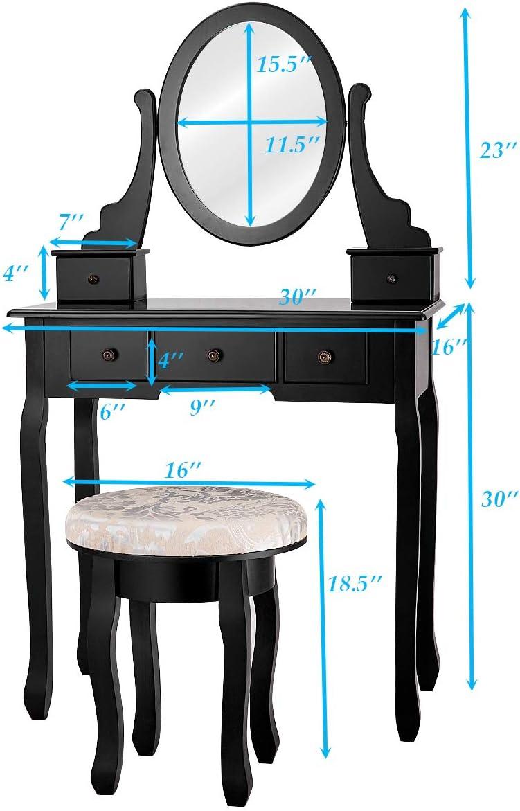 image:imageCHARMAID Vanity Set with 360 Rotatable Oval Mirror Modern Makeup Dressing Table with Cushioned Stool for Girls Women Bedroom BlackBlack