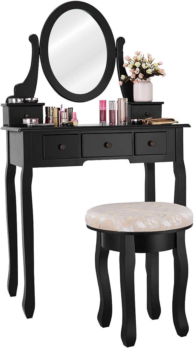 image:imageCHARMAID Vanity Set with 360 Rotatable Oval Mirror Modern Makeup Dressing Table with Cushioned Stool for Girls Women Bedroom BlackBlack