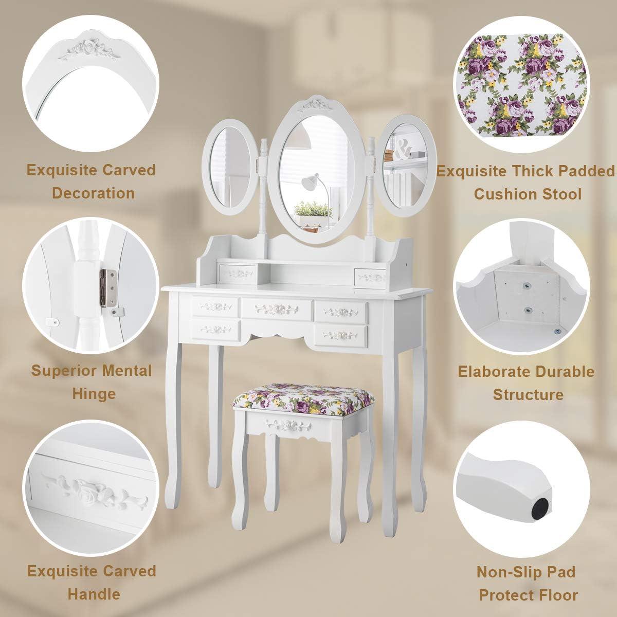 image:imageCHARMAID Vanity Set with TriFolding Mirror and Cushioned Stool Dressing Table with 7 Drawers and a Shelf Antique Makeup Table with Removable Top Vintage Makeup Vanity Set for Women Girls White