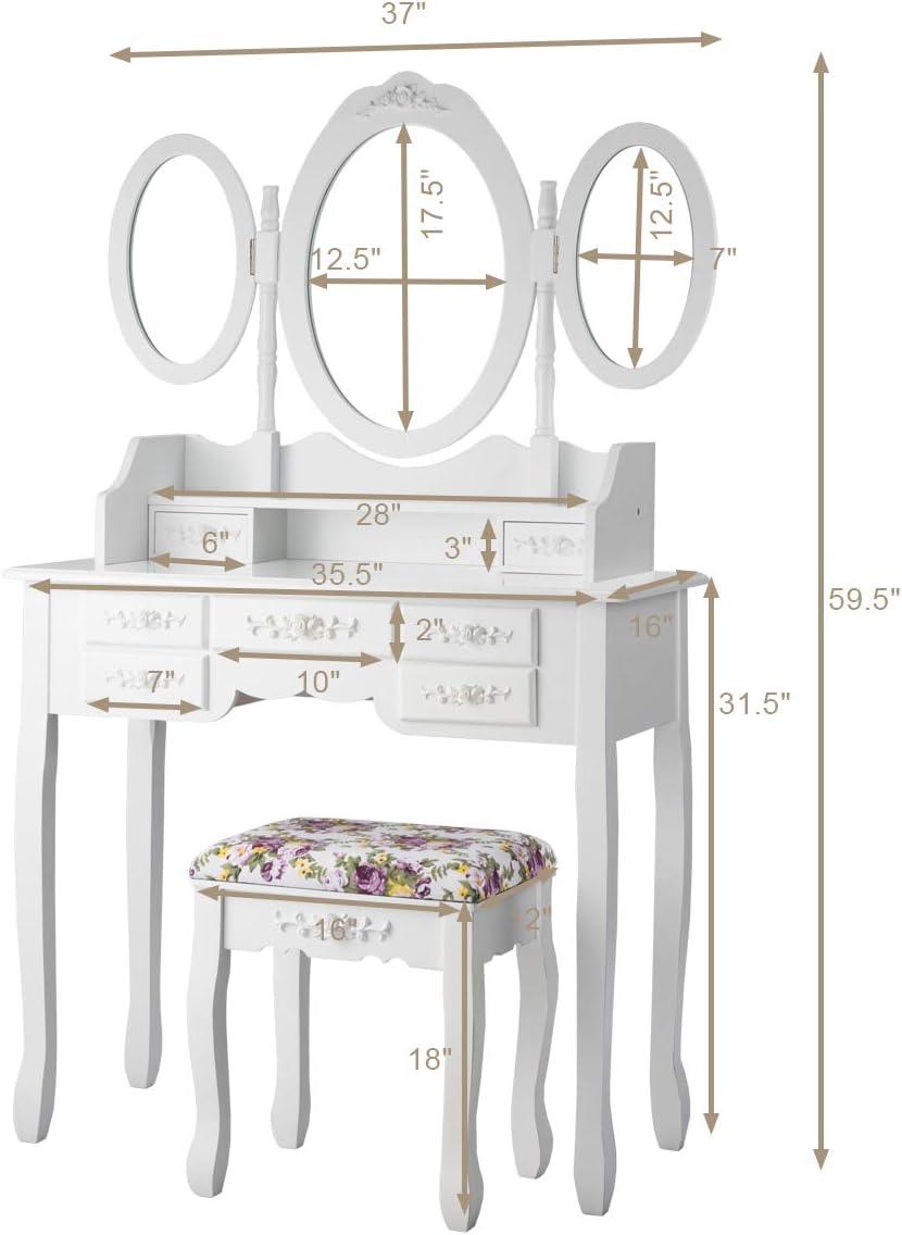 image:imageCHARMAID Vanity Set with TriFolding Mirror and Cushioned Stool Dressing Table with 7 Drawers and a Shelf Antique Makeup Table with Removable Top Vintage Makeup Vanity Set for Women Girls White