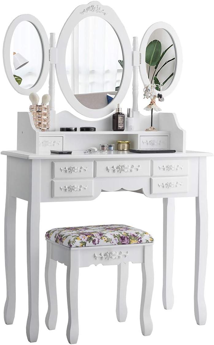 image:imageCHARMAID Vanity Set with TriFolding Mirror and Cushioned Stool Dressing Table with 7 Drawers and a Shelf Antique Makeup Table with Removable Top Vintage Makeup Vanity Set for Women Girls White