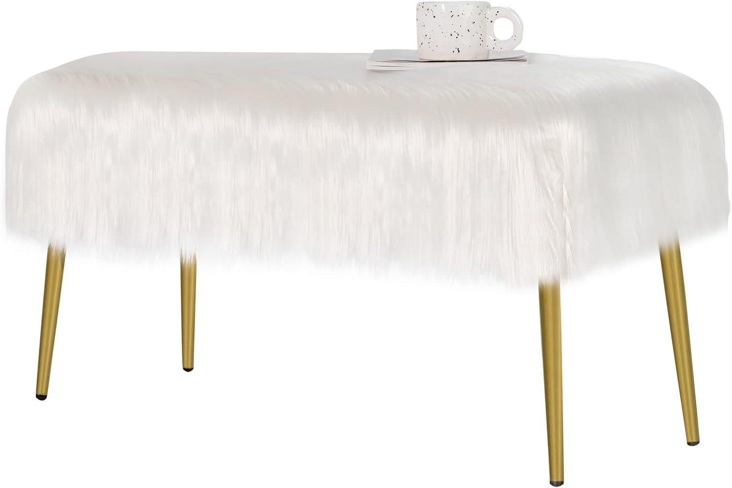 image:imageCHARMAID Vanity Stool for Makeup Room Faux Fur Ottoman with Golden Metal Legs Upholstered Entryway Shoe Bench End of Bed Plush Fluffy Foot Rest Bedroom Living Room White 36 x 14 x 18