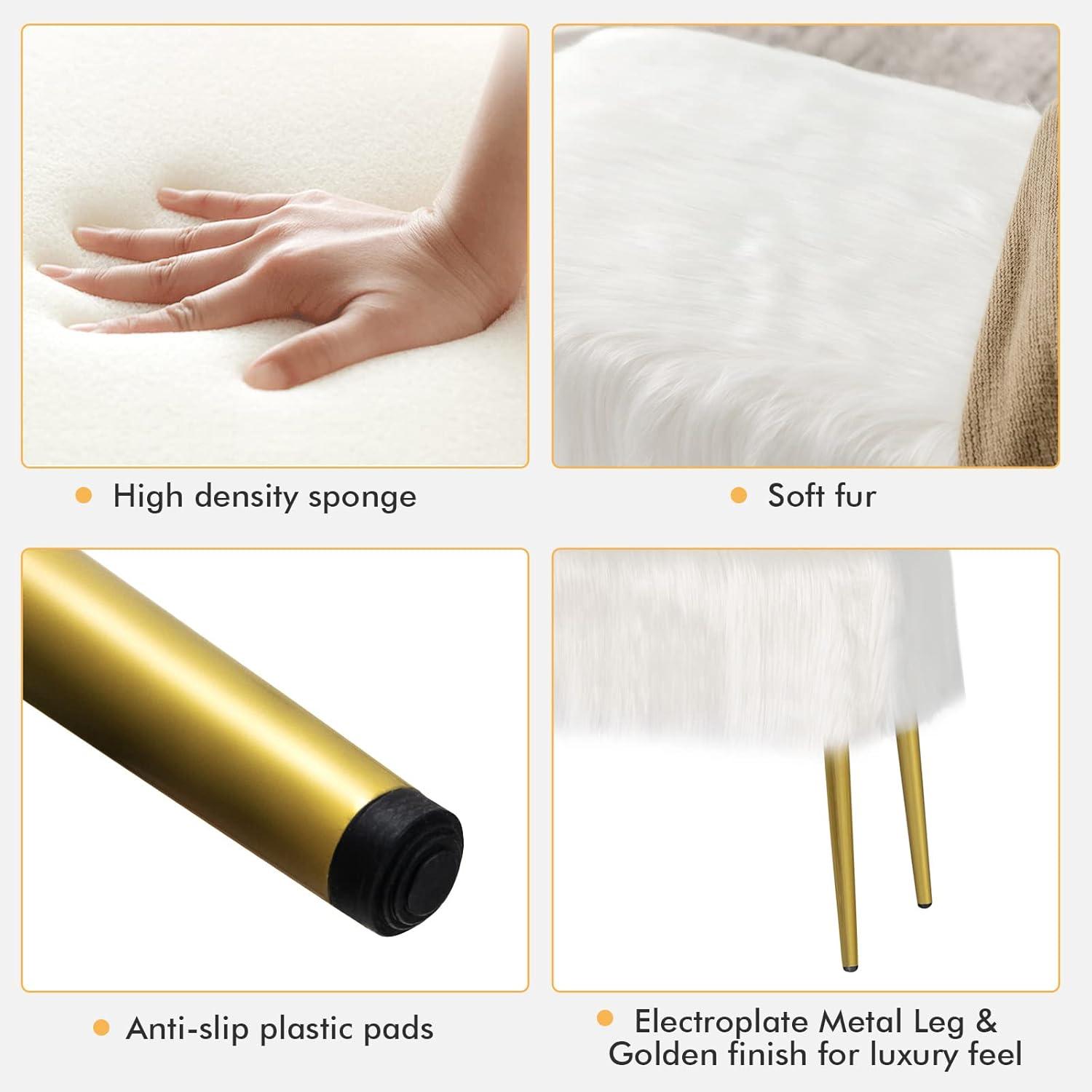 image:imageCHARMAID Vanity Stool for Makeup Room Faux Fur Ottoman with Golden Metal Legs Upholstered Entryway Shoe Bench End of Bed Plush Fluffy Foot Rest Bedroom Living Room White 36 x 14 x 18