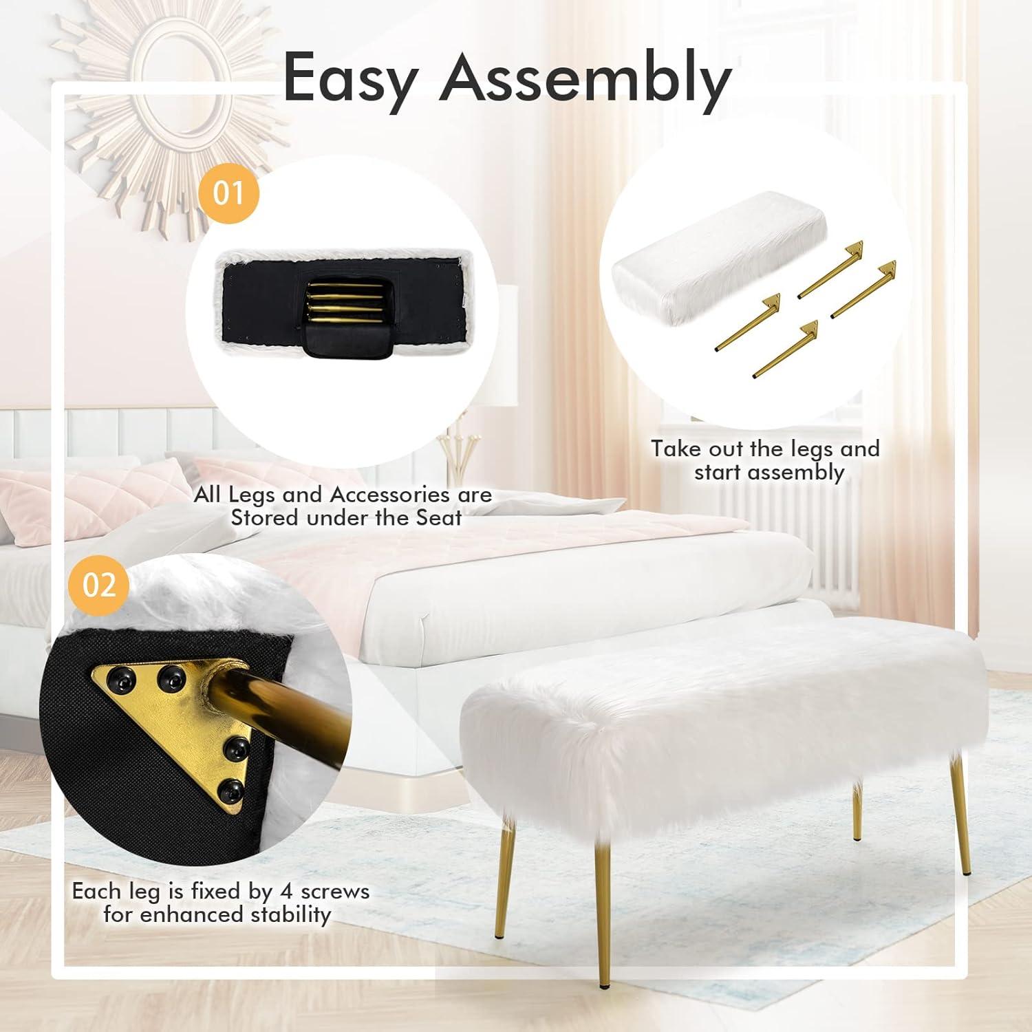 image:imageCHARMAID Vanity Stool for Makeup Room Faux Fur Ottoman with Golden Metal Legs Upholstered Entryway Shoe Bench End of Bed Plush Fluffy Foot Rest Bedroom Living Room White 36 x 14 x 18