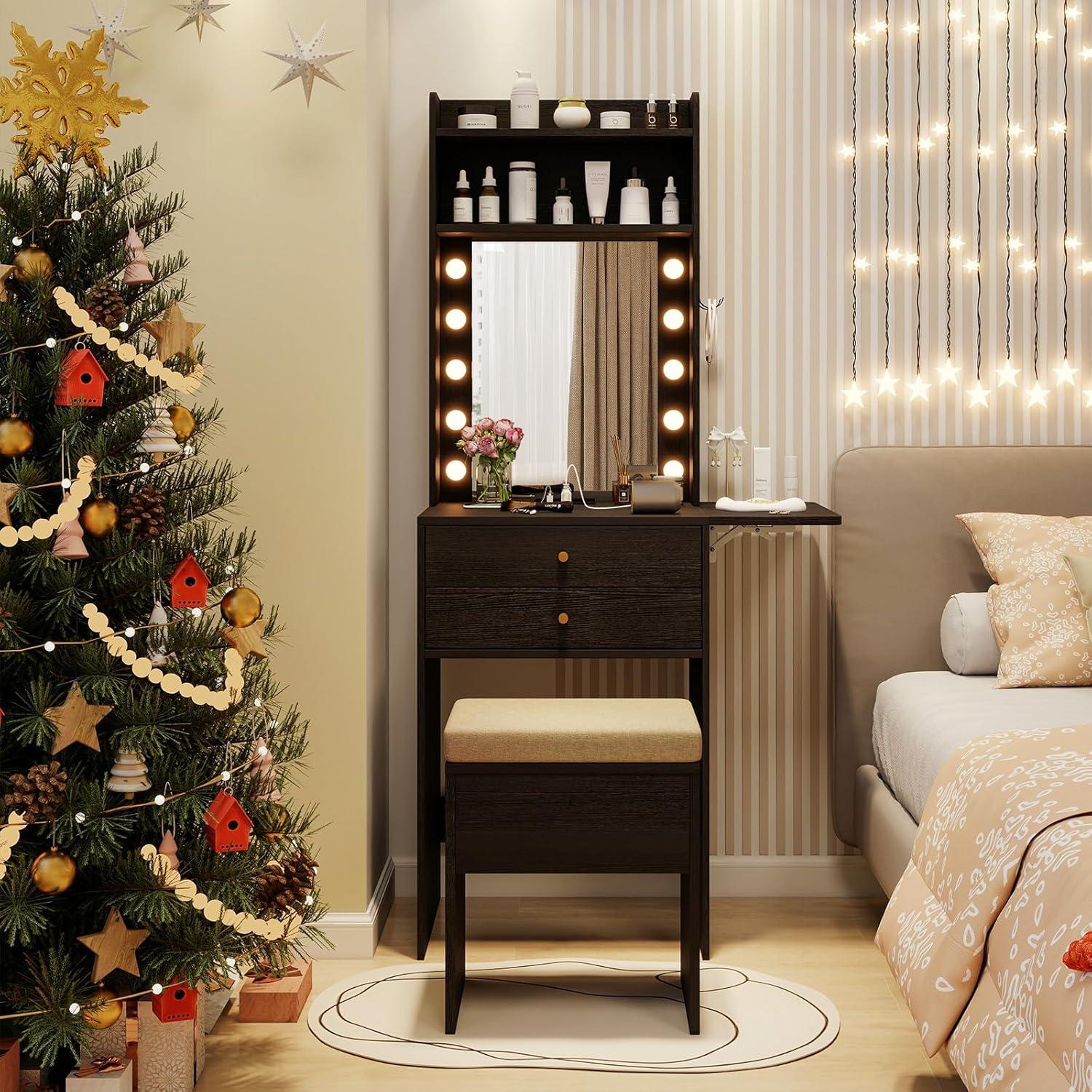 image:imageCHARMAID Vanity Table Set with Lighted Mirror 8 Bulbs Large Drawer Tabletop Storage Shelf Modern Bedroom Vanity Desk Makeup Dressing Table with Cushioned Stool for Girls Women BlackBlack