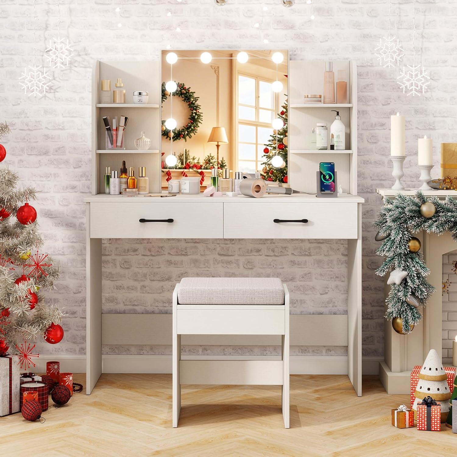 image:imageCHARMAID Vanity Table Set with Lighted Mirror 8 Bulbs Large Drawer Tabletop Storage Shelf Modern Bedroom Vanity Desk Makeup Dressing Table with Cushioned Stool for Girls Women BlackWhite