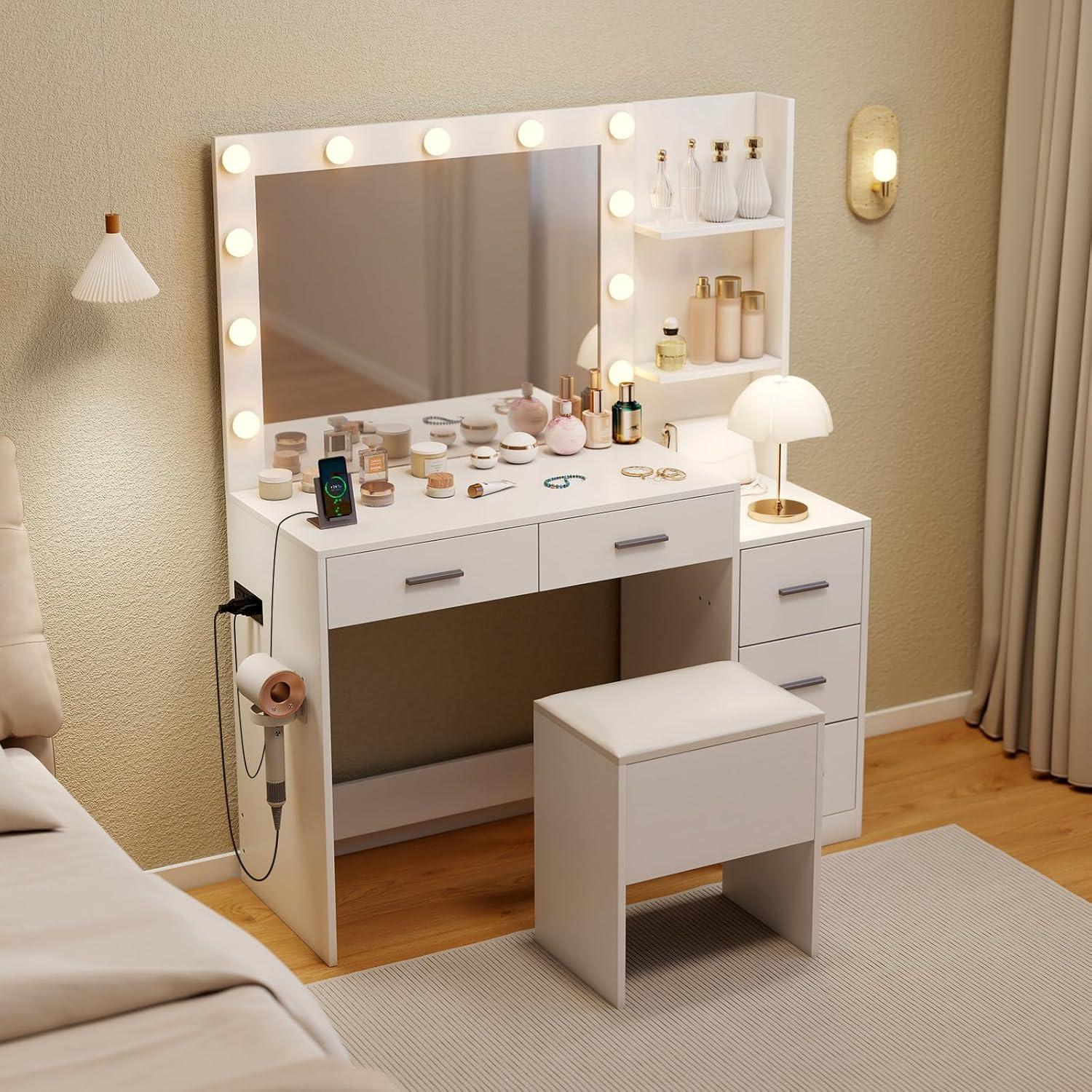 image:imageCHARMAID Vanity Table Set with Lighted Mirror 8 Bulbs Large Drawer Tabletop Storage Shelf Modern Bedroom Vanity Desk Makeup Dressing Table with Cushioned Stool for Girls Women BlackWhite