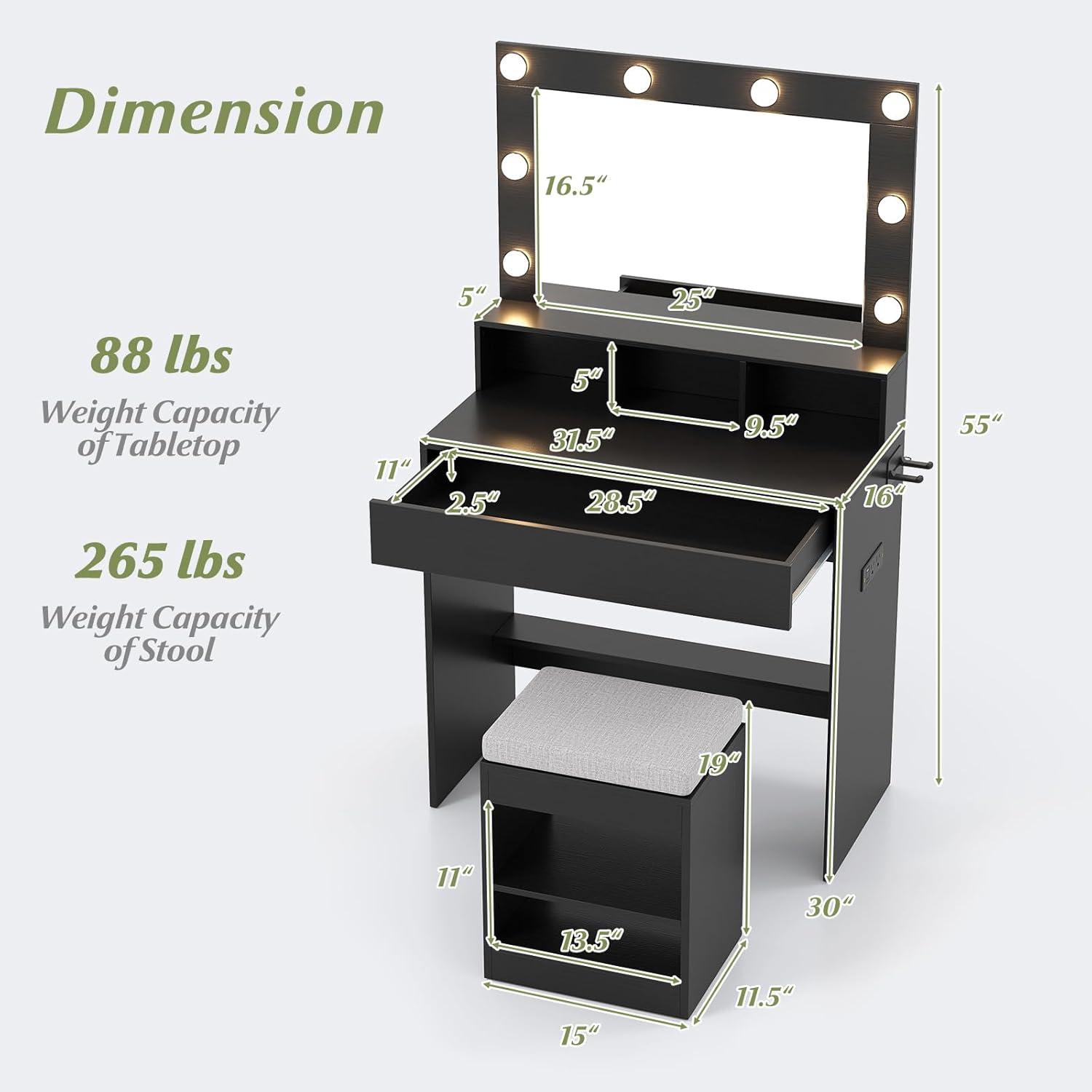 image:imageCHARMAID Vanity Table Set with Lighted Mirror 8 Bulbs Large Drawer Tabletop Storage Shelf Modern Bedroom Vanity Desk Makeup Dressing Table with Cushioned Stool for Girls Women BlackBlack