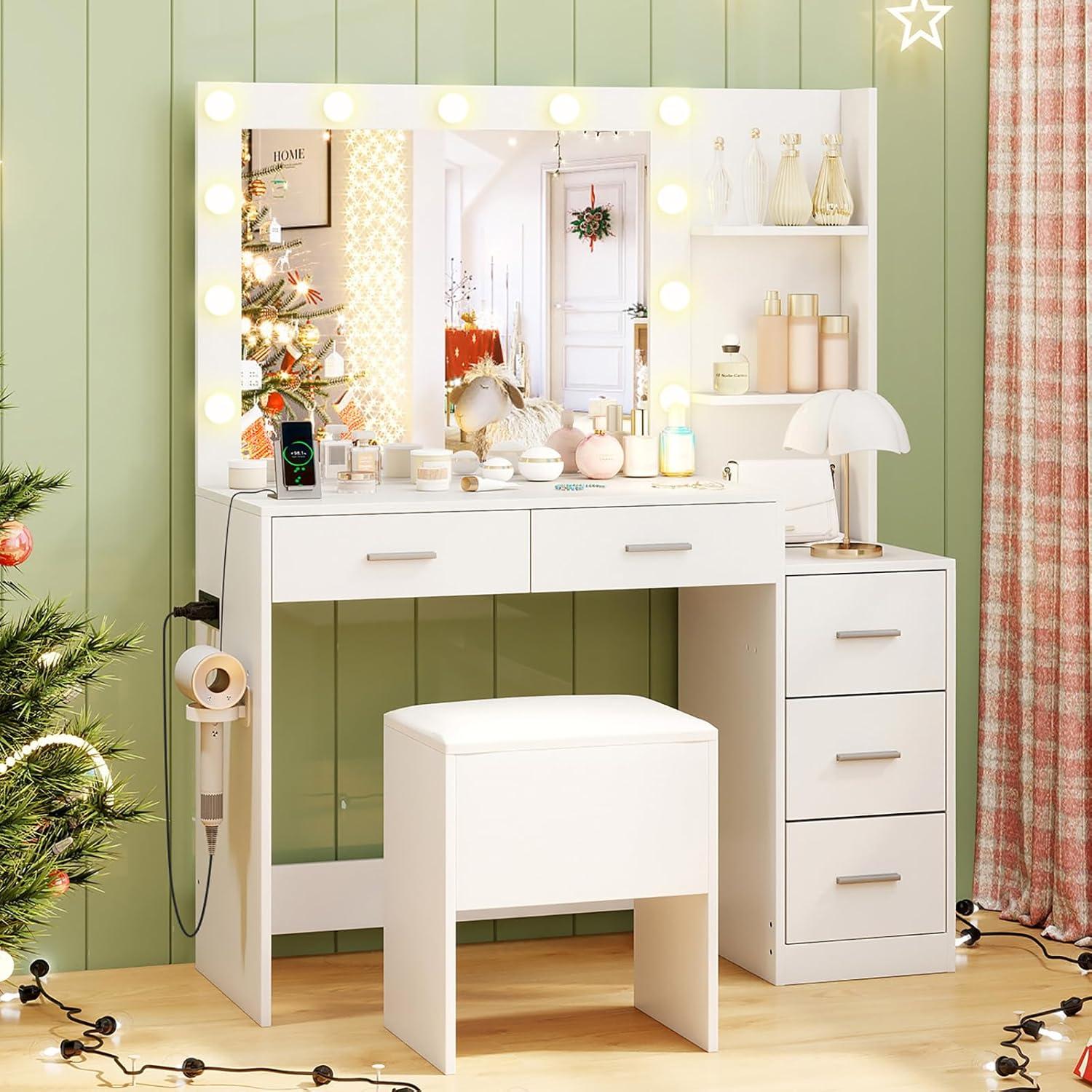 image:imageCHARMAID Vanity Table Set with Lighted Mirror 8 Bulbs Large Drawer Tabletop Storage Shelf Modern Bedroom Vanity Desk Makeup Dressing Table with Cushioned Stool for Girls Women BlackWhite