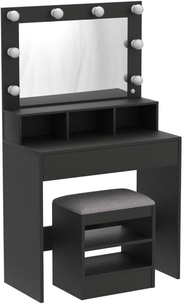 image:imageCHARMAID Vanity Table Set with Lighted Mirror 8 Bulbs Large Drawer Tabletop Storage Shelf Modern Bedroom Vanity Desk Makeup Dressing Table with Cushioned Stool for Girls Women BlackBlack