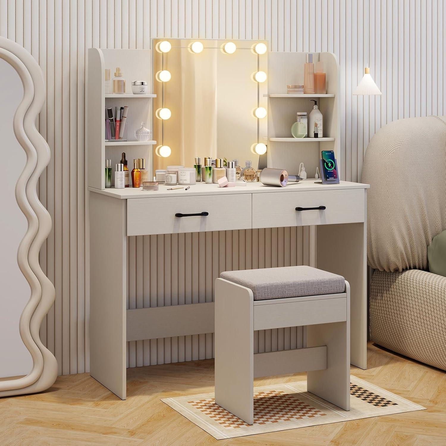 image:imageCHARMAID Vanity Table Set with Lighted Mirror 8 Bulbs Large Drawer Tabletop Storage Shelf Modern Bedroom Vanity Desk Makeup Dressing Table with Cushioned Stool for Girls Women BlackWhite