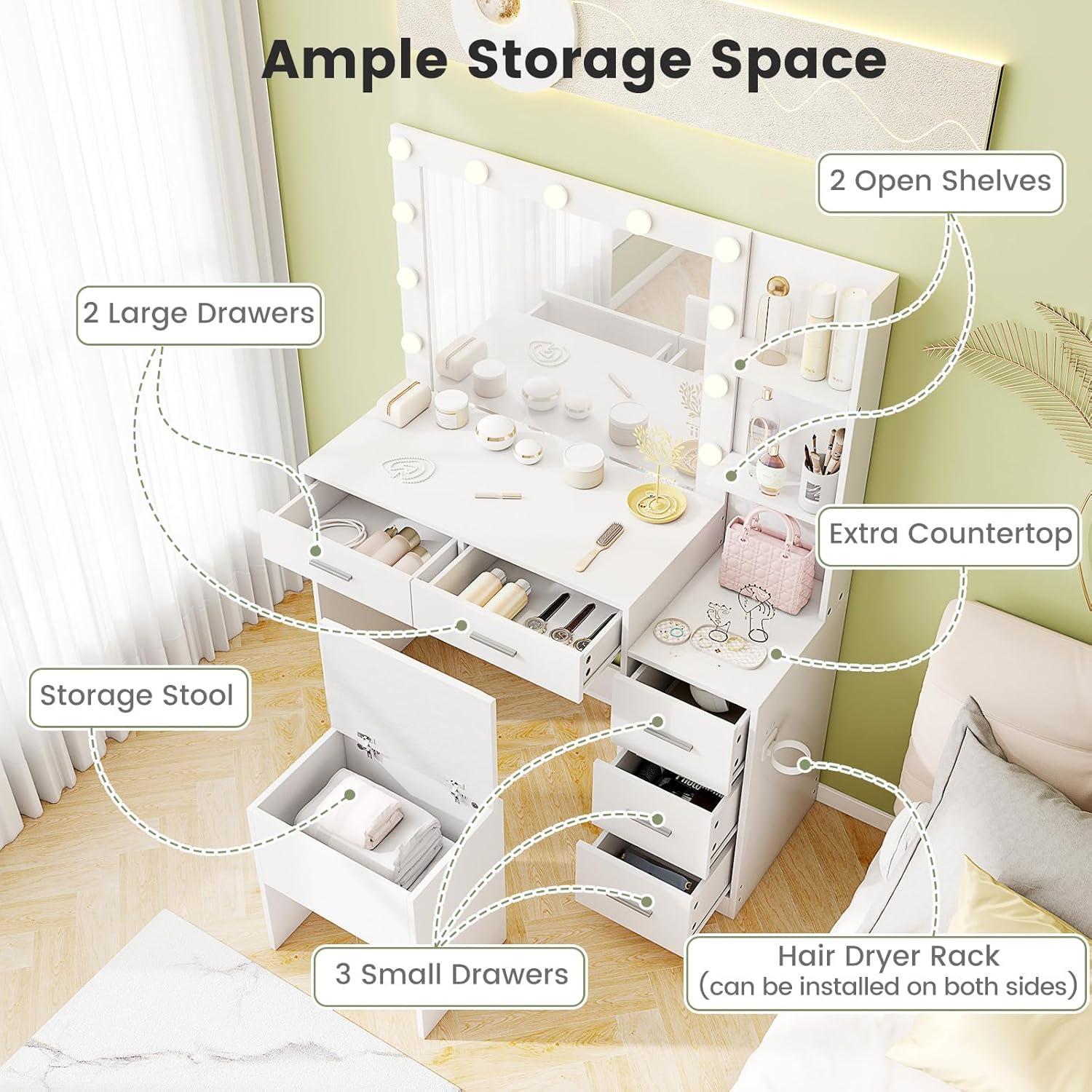 image:imageCHARMAID Vanity Table Set with Lighted Mirror 8 Bulbs Large Drawer Tabletop Storage Shelf Modern Bedroom Vanity Desk Makeup Dressing Table with Cushioned Stool for Girls Women BlackWhite