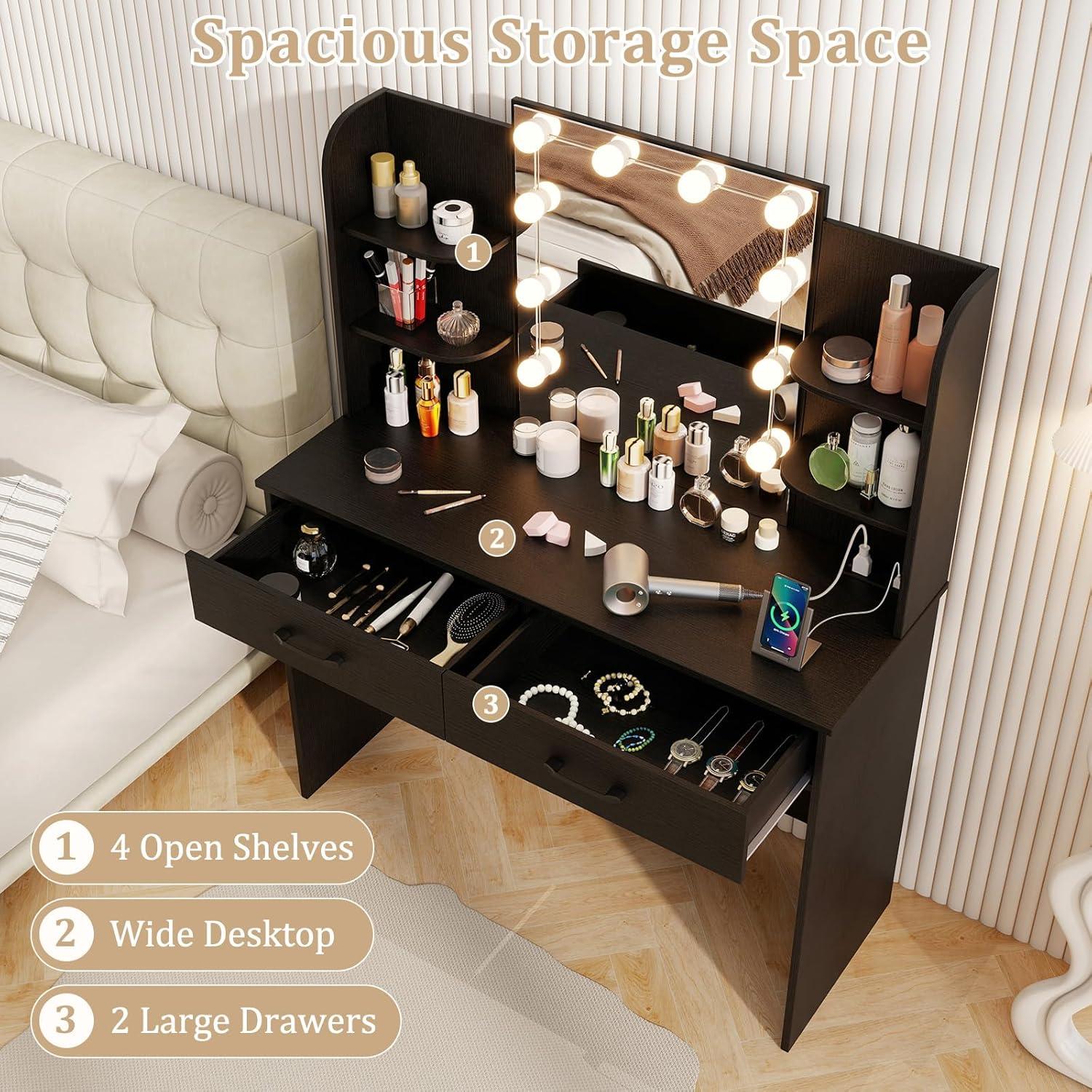 image:imageCHARMAID Vanity Table Set with Lighted Mirror 8 Bulbs Large Drawer Tabletop Storage Shelf Modern Bedroom Vanity Desk Makeup Dressing Table with Cushioned Stool for Girls Women BlackBlack