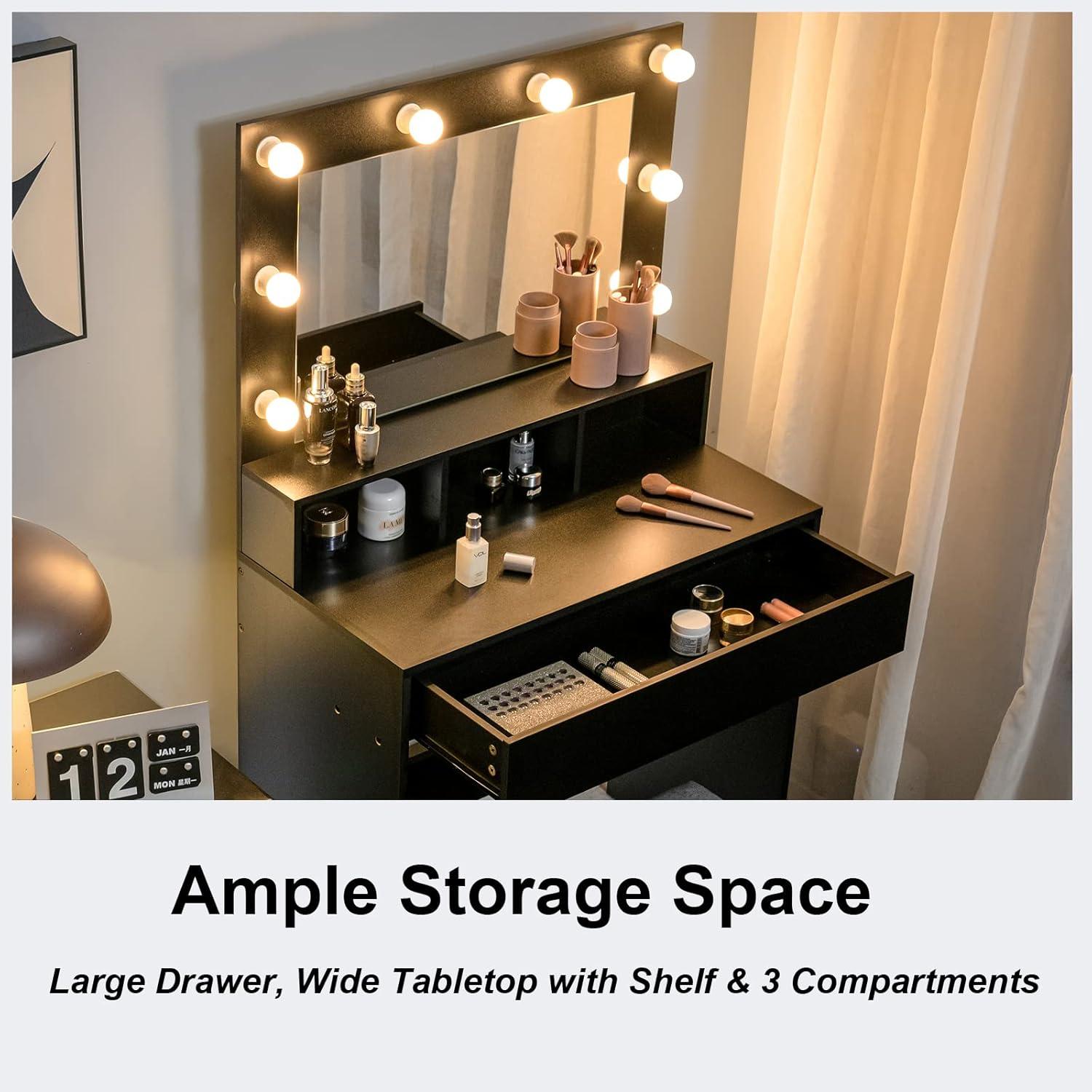 image:imageCHARMAID Vanity Table Set with Lighted Mirror 8 Bulbs Large Drawer Tabletop Storage Shelf Modern Bedroom Vanity Desk Makeup Dressing Table with Cushioned Stool for Girls Women BlackBlack