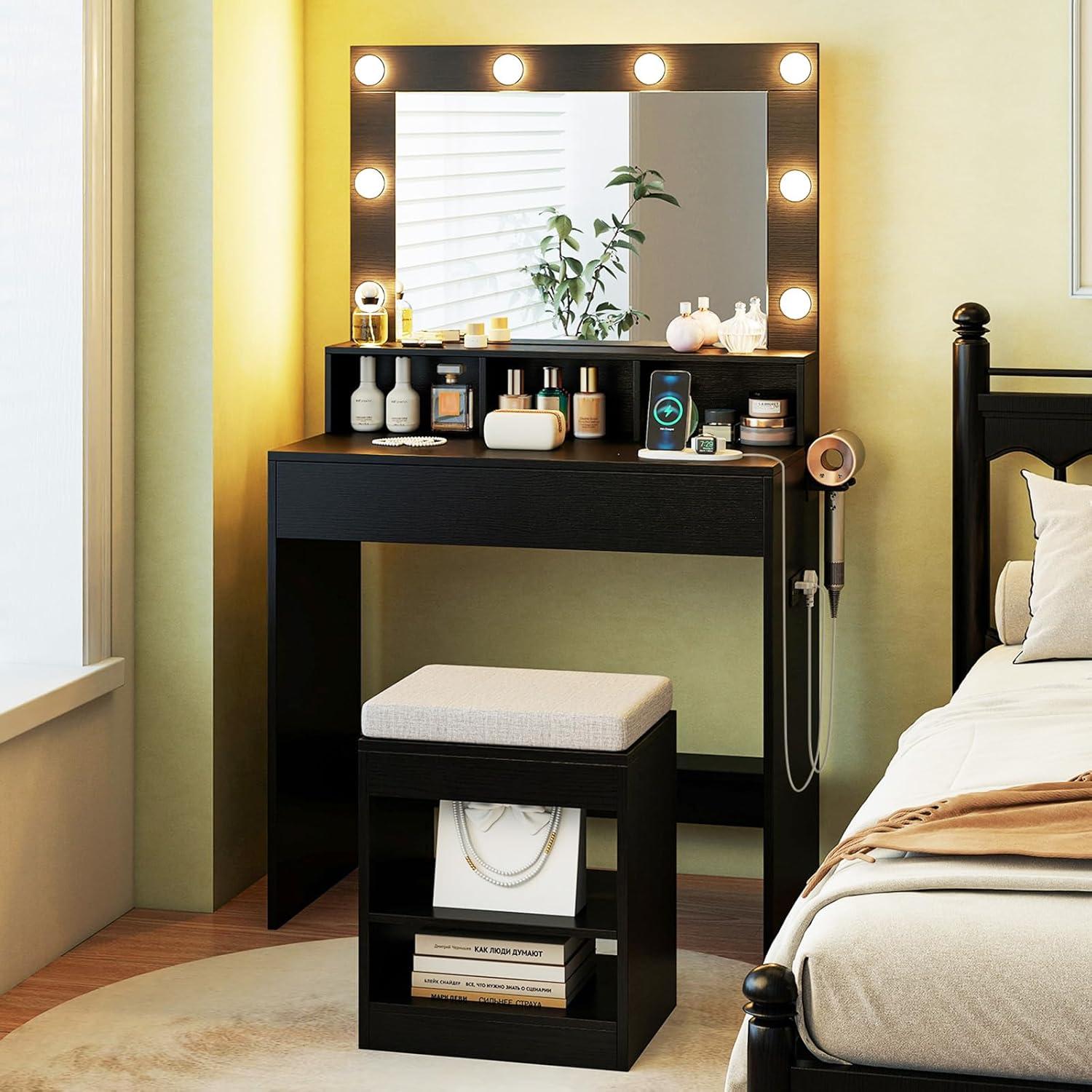 image:imageCHARMAID Vanity Table Set with Lighted Mirror 8 Bulbs Large Drawer Tabletop Storage Shelf Modern Bedroom Vanity Desk Makeup Dressing Table with Cushioned Stool for Girls Women BlackBlack